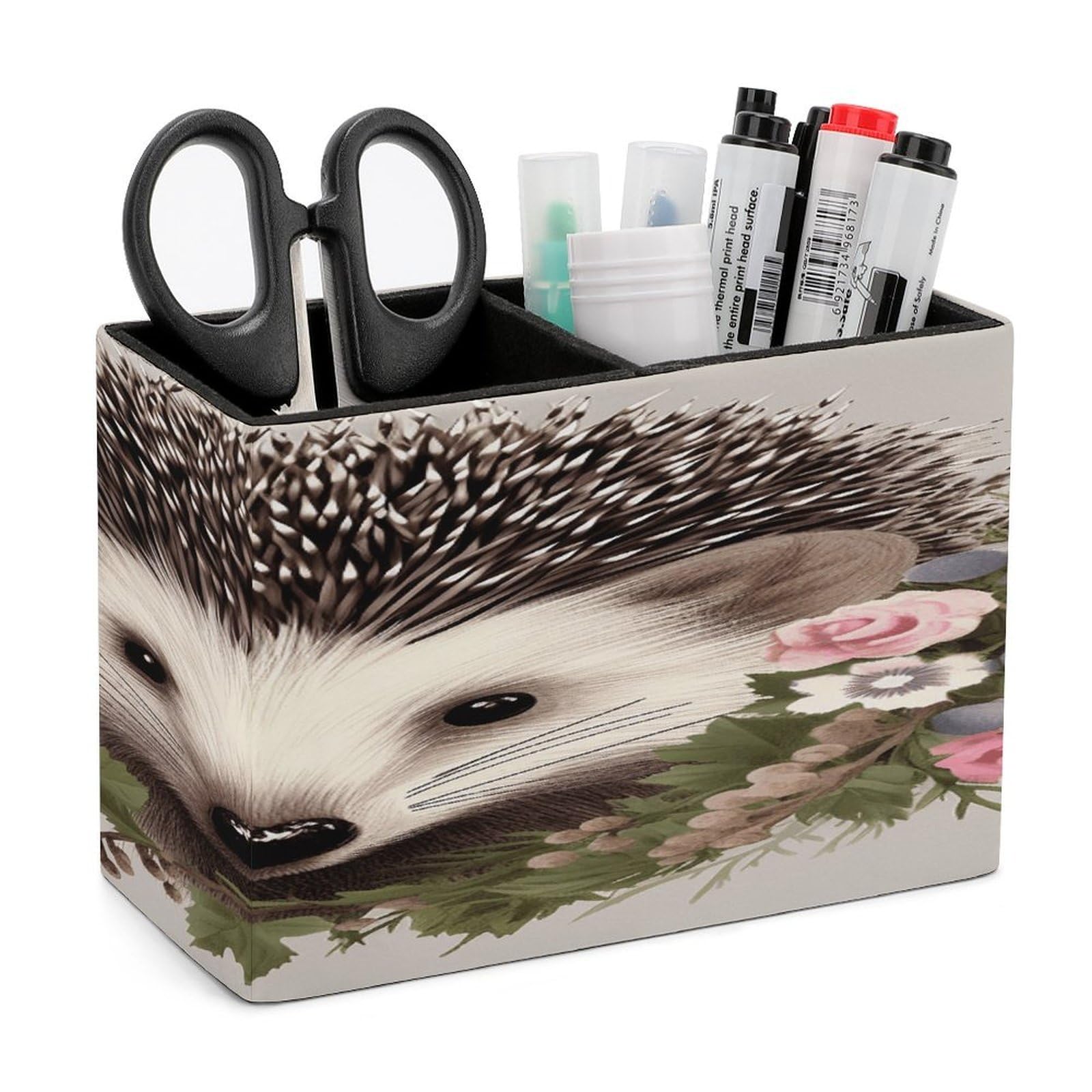 VstaDank Hedgehog in Floral Wreath Pencil Holder for Desk Organizer 2 Compartments Pen Cup Leather Square Pen Holder Pencil Cup Stand Makeup Brush Holders for Desktop Organizer Storage Case