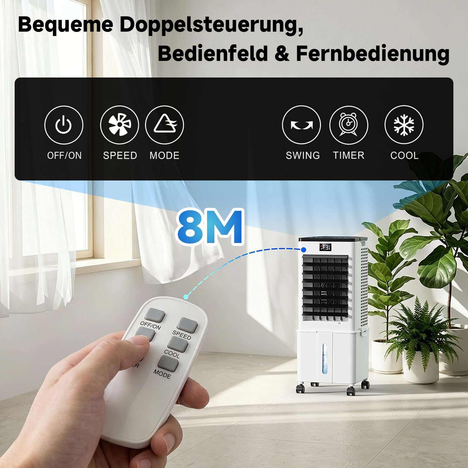 Mobile Klimaanlage ohne Abluftschlauch 10L Luftkühler 60W 4-in-1 Verdunstungskühler 12H Timer 4 Modi 120° Oszillation Abnehmbarer Wassertank Tiefschwarz