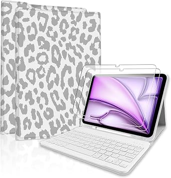 for iPad Air 11-inchM2 2024/M3 2025Bluetooth Keyboard Case with 2 Pack 9H Hardness Tempered Glass,Pro 114th,3rd,2nd,1stGen 2022/2021/2020/2018,for iPad Air4/5th 10.9"-Leopard Grey