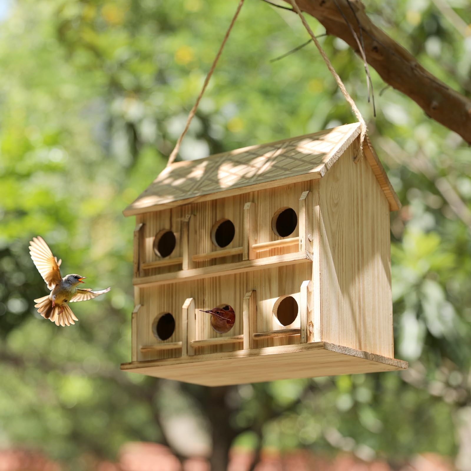 Casas para pájaros para exteriores, 6 agujeros para 6 familias de pájaros, casas de pájaros para exteriores, casa grande de colibríes (madera, juego 1)