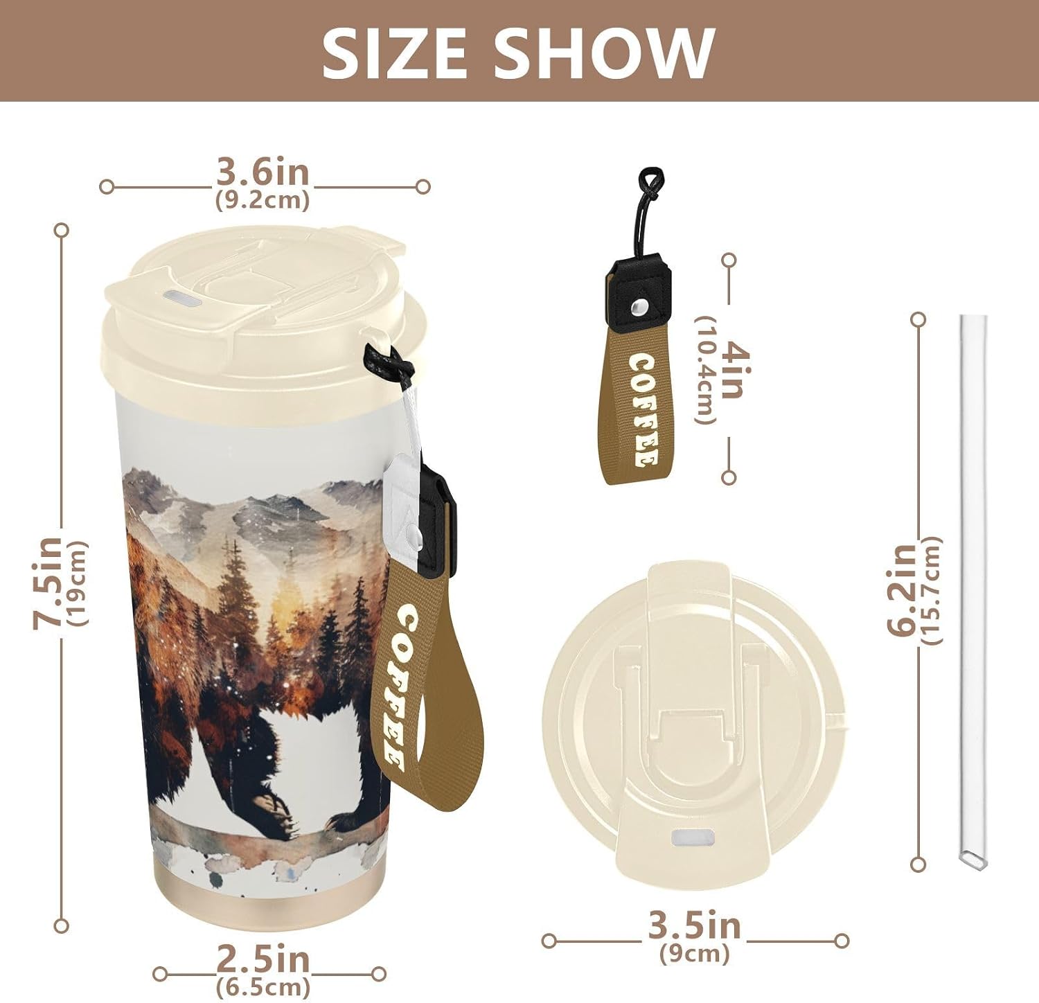 National Park Bear Insulated Coffee Mug with Straw & Flip Lid, 16.9oz Iced Tumbler Cup, Double Wall Vacuum Leak-Proof Mug for Travel Office