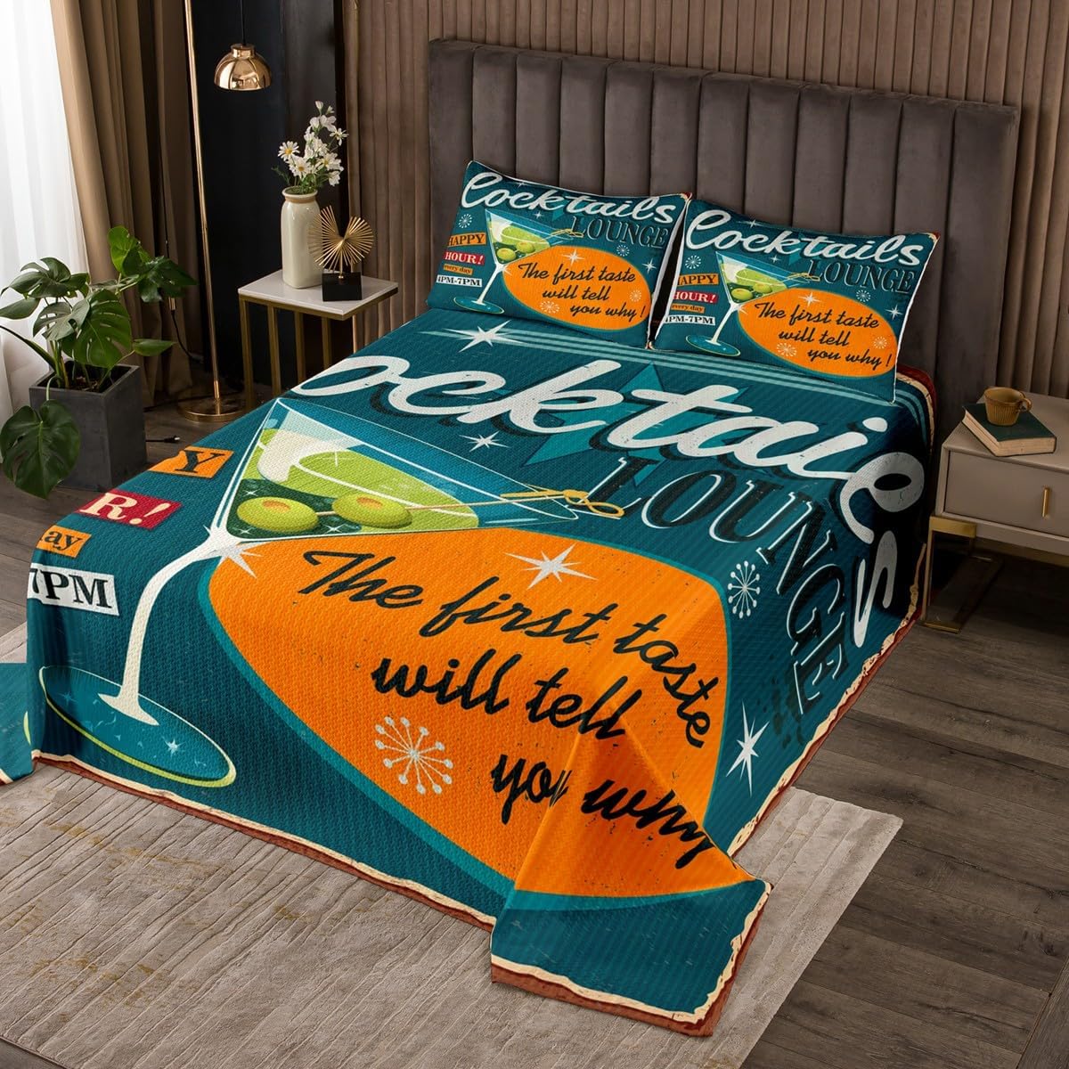 Homewish Vintage Cheer Beer Theme Bedspread Twin Size,70s Retro Yellow Green Style Comforter Set Beer Festival Bedding Set 2pcs Kids Teens Men Boys Room Decor Cheer Quotes Quilt Set,1 Pillowcase