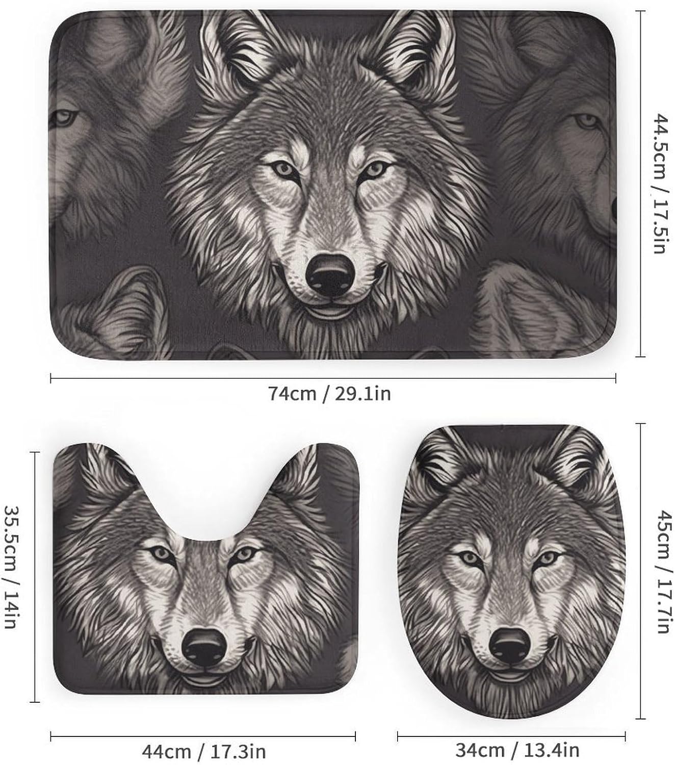Wolf Head Pattern Shower Curtain Set 4 Piece, Non-Slip Bath Mat with Toilet Lid Cover and Waterproof Shower Curtain with 12 Hooks, Complete Bathroom Set for Home Decor