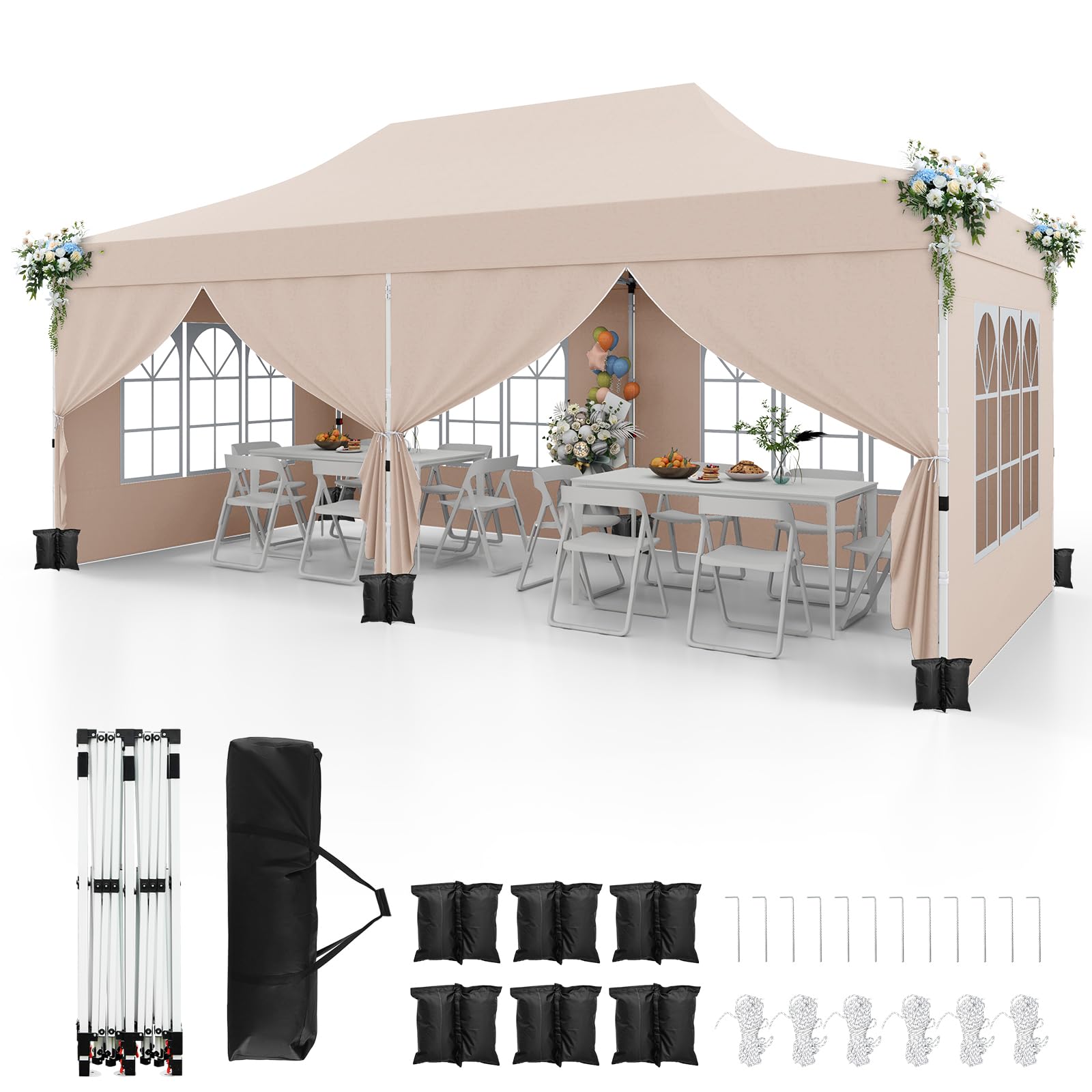COSTWAY Tonnelle de Jardin 3x6M avec 6 Parois Latérales Amovibles, Tente de Reception Escamotable avec Sac de Transport 6 Sacs de Sable, Tonnelle Instantanée pour Fête Mariage BBQ (Beige)