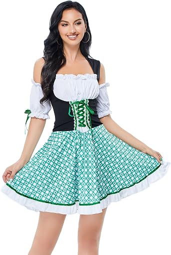 Clearlove Womens Oktoberfest Costumes for Bavarian Plaid Dirndl Dresses German Carnival Outfit S-4XL