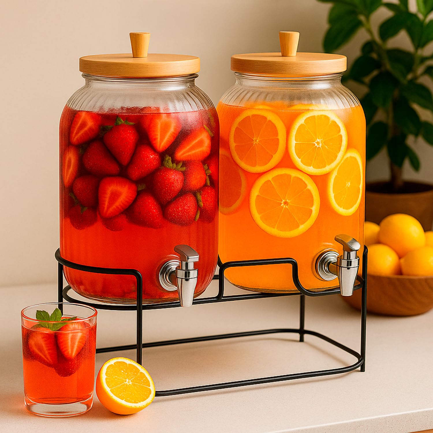 Getränkespender mit Ständer 2x 5L, Getränkespender Glas mit Zapfhahn, Glas-Wasser-Saft-Spender mit Hahn, Wasserkrug mit Hahn - 2 Stück