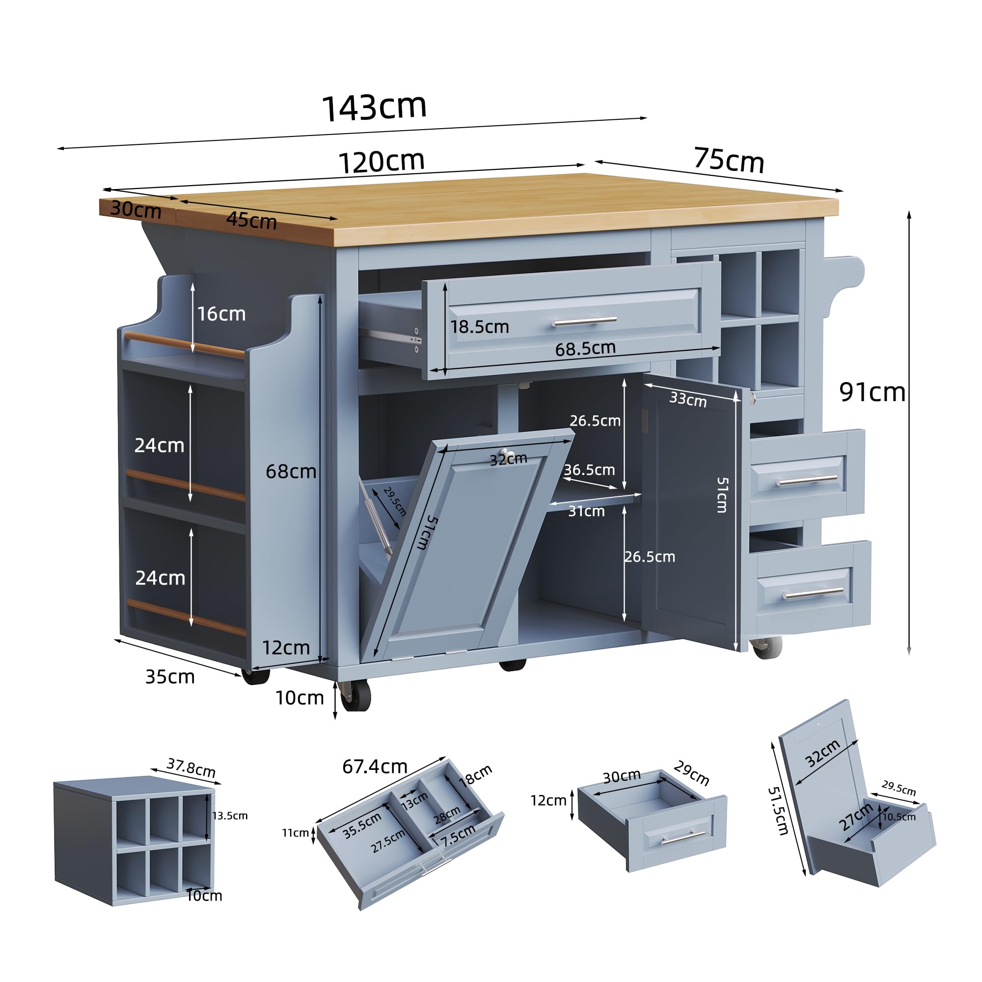Isola da cucina mobile, carrello da cucina, tavolo da pranzo estensibile, armadietto da cucina con cassetti, cestino per vino rimovibile, scaffale laterale per snack, pattumiera, 143 x 75
