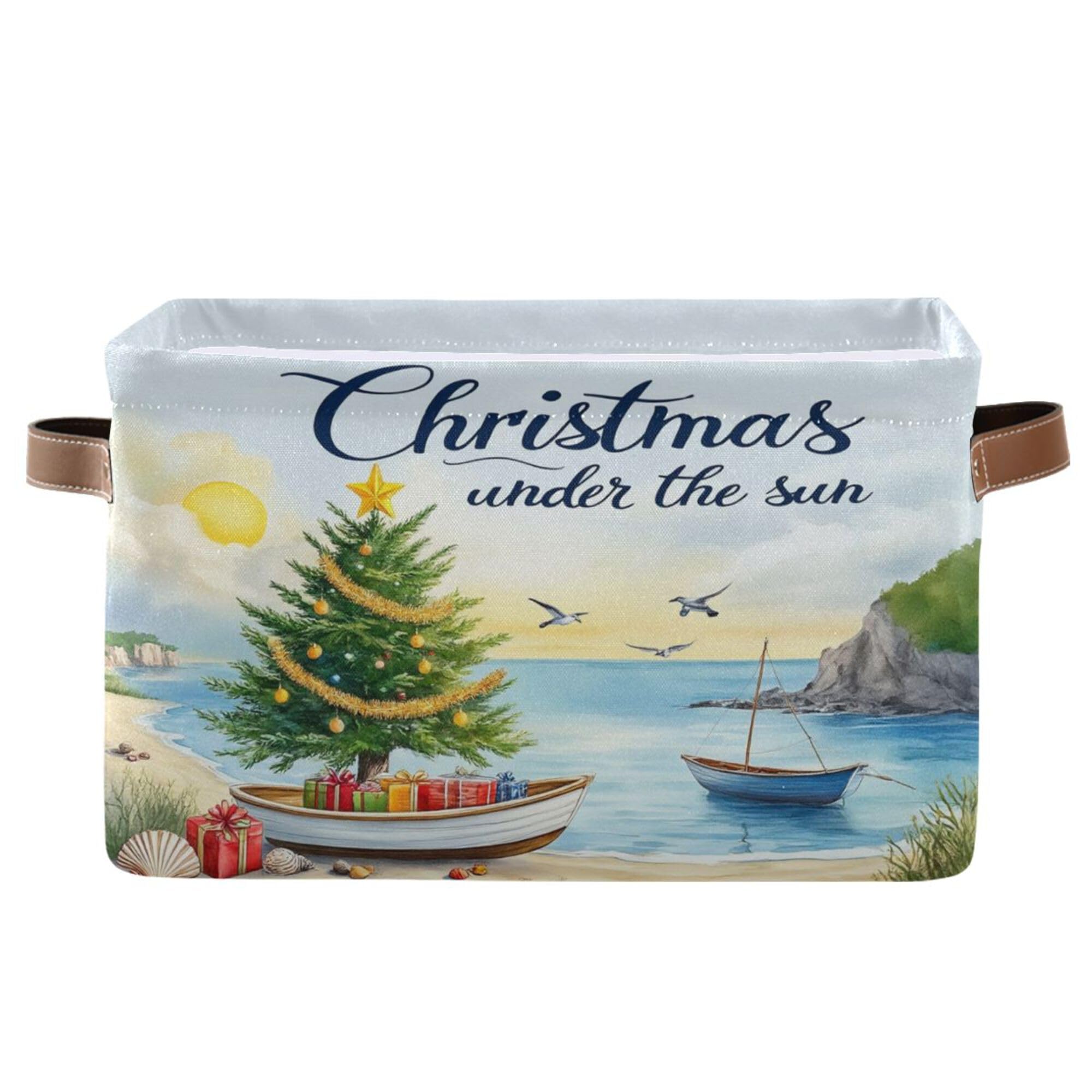 Christmas Beach Time Storage Basket with Waterproof Liner and PU Handles Xmas Tree Summer Theme Storage Bins Boxes 14.2" Collapsible Decorative Organizer Baskets for Bedroom Closet Office 1 Pack