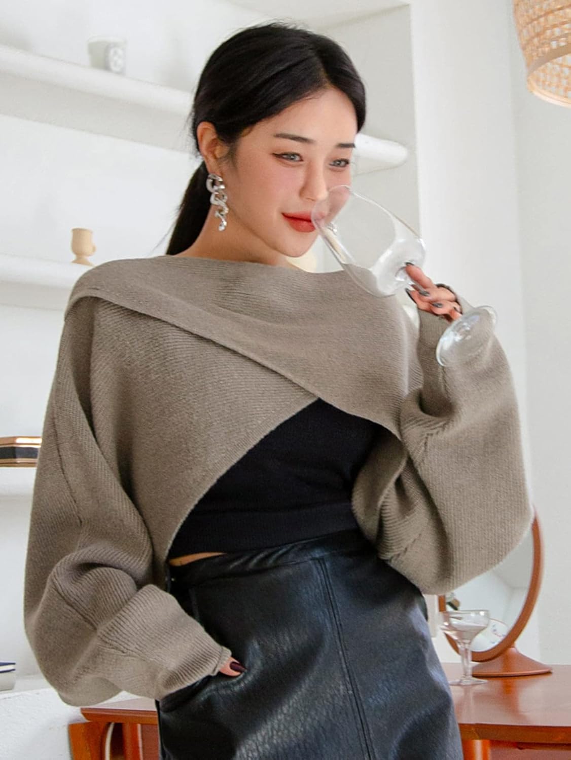 Women's Sweater Solid Criss Cross Crop Sweater Sweater for Women (Color : Mocha Brown, Size : Small)