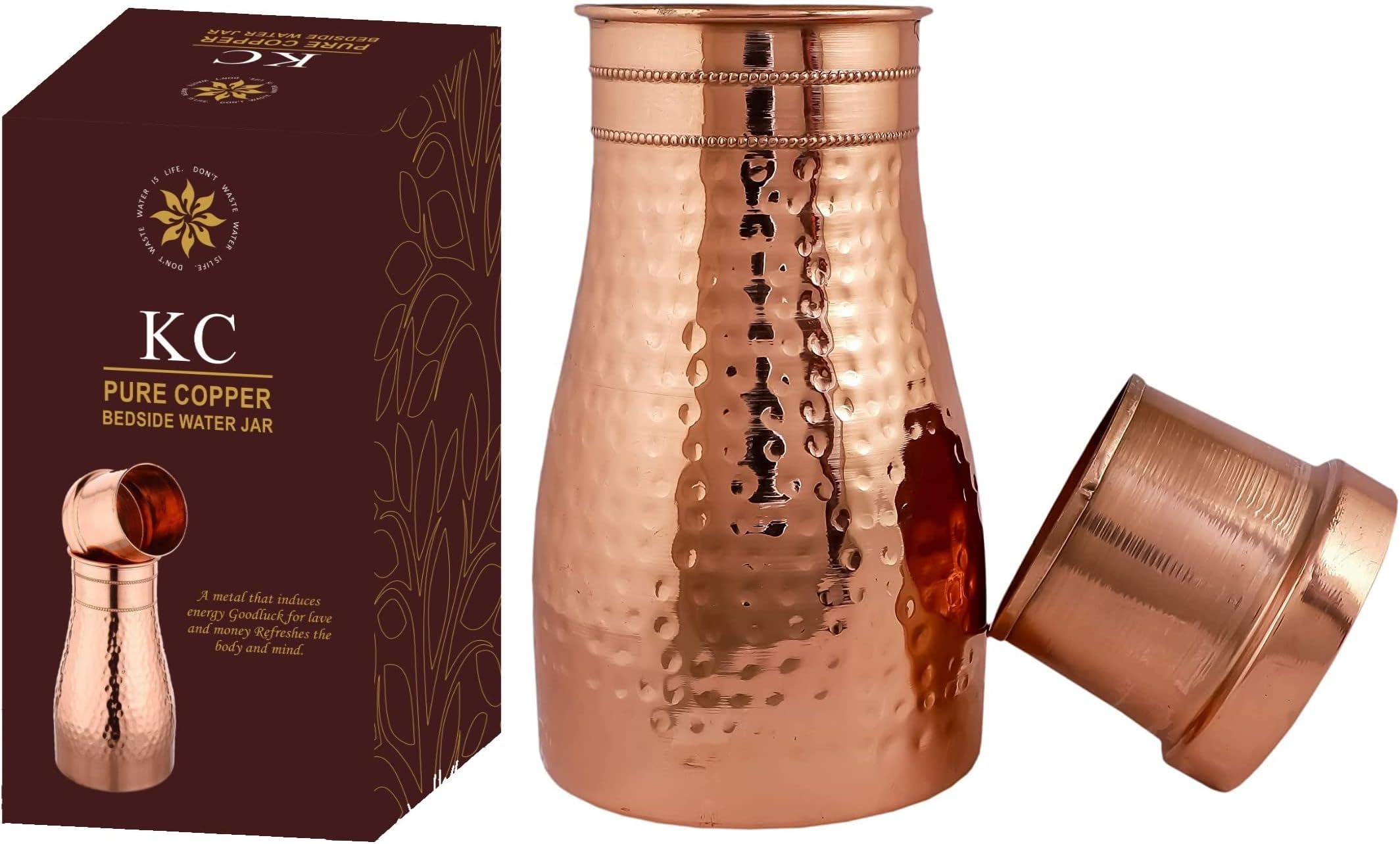 KC Pure Water Bottle Hammered Design | Pitchers | Water Jug | Bedroom Jar | Bedside Carafes With Tumbler/Glass With Lid | With Lacqure Coating 1000 Ml Large Copper