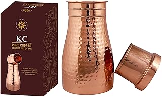 Pure Copper Hammered Design Copper Water Bottle /Pitchers /Jug / Bed Room Jar / Bedside Carafes with Tumbler with Lid 1000 ML