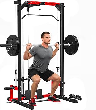 SPORTNOW Multi-Function Power Rack, Cable Crossover Machine with Pull Up Bar, Lat Pull Down System, Squat Rack, Barbell Bar, Landmine, Plate Storage Posts, for Home Gym Workout