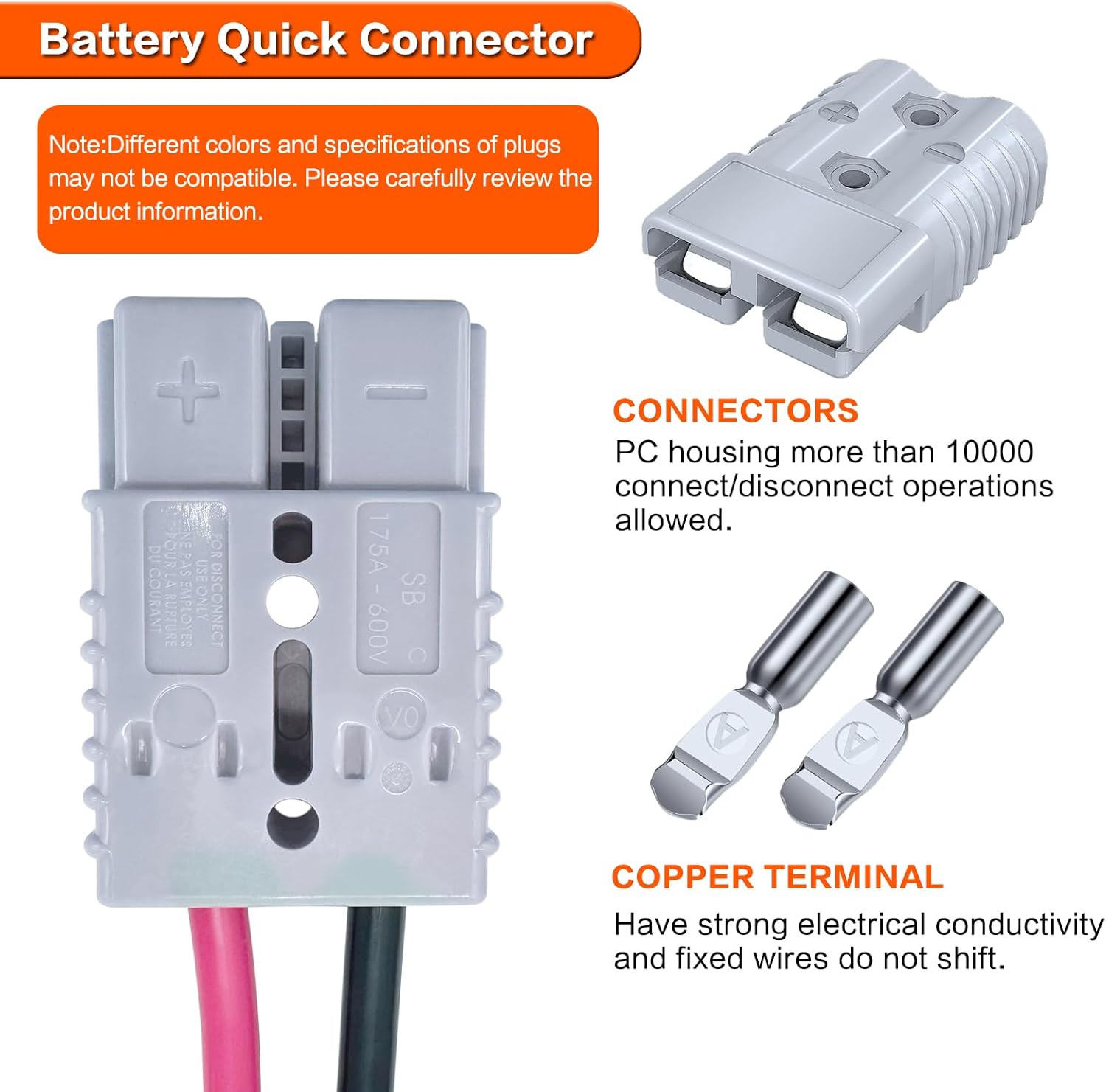 175A 600V Anderson Connector Plug with O-Ring Battery Connector Cable 6AWG 100cm (39.37 inch) Cable Battery Quick Connector Forklift Plug Wire Trailer Power Storage Harness Power Forklift