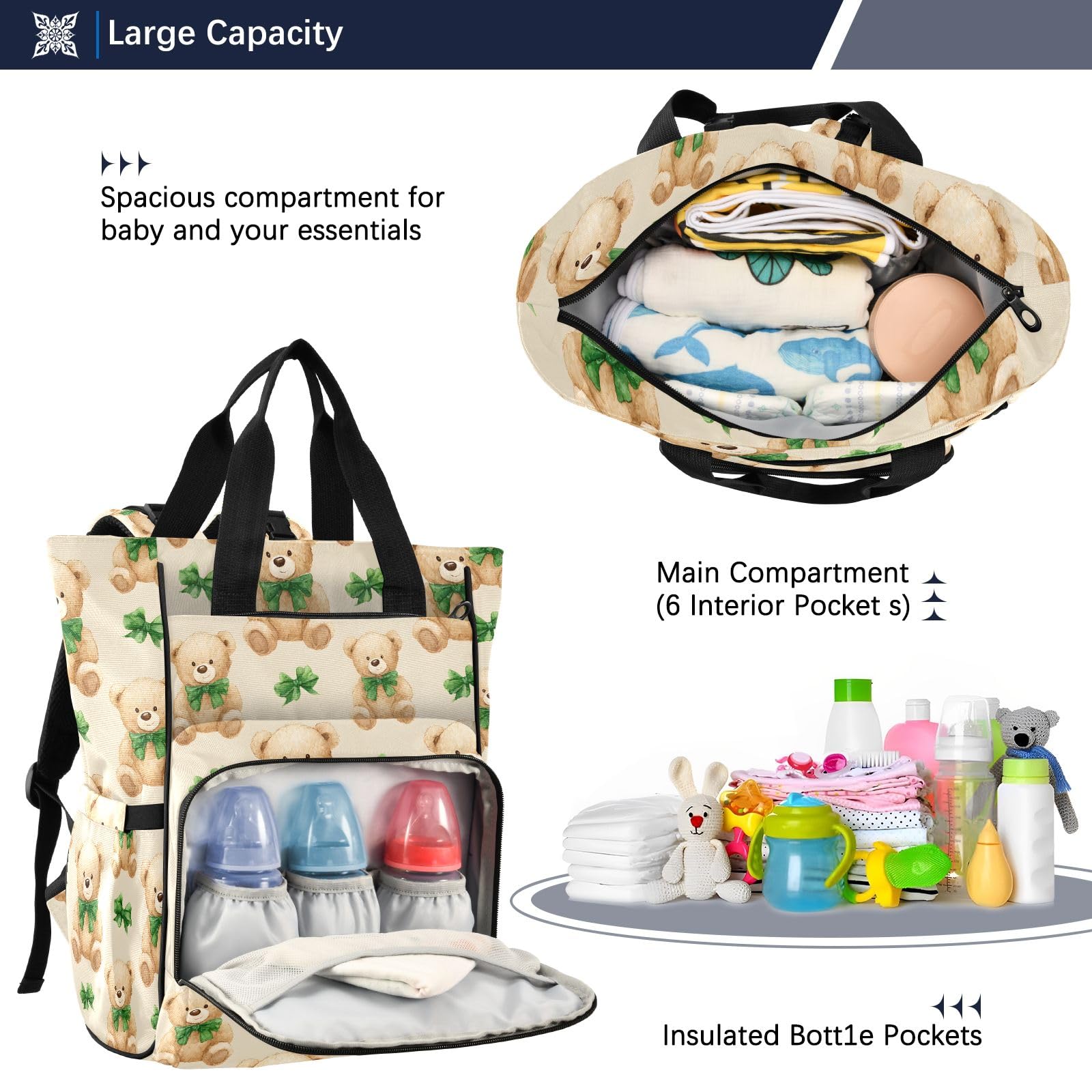 Mnsruu Baby-Wickeltasche mit Schleife, Teddybär-Muster, große Tasche, wasserdicht, Reise-Wickeltaschen für Mütter und Väter