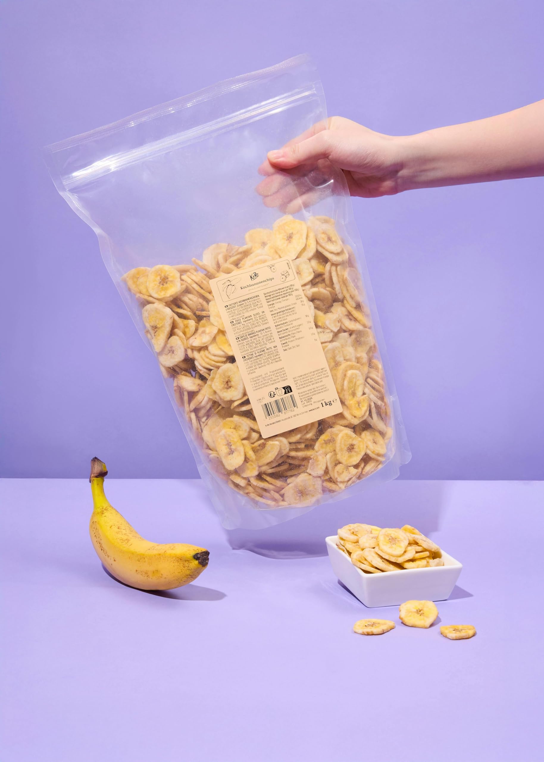 KoRo - Chips di banana essiccate 1 kg - Senza solfiti, senza zuccheri aggiunti, con olio di cocco, formato conveniente