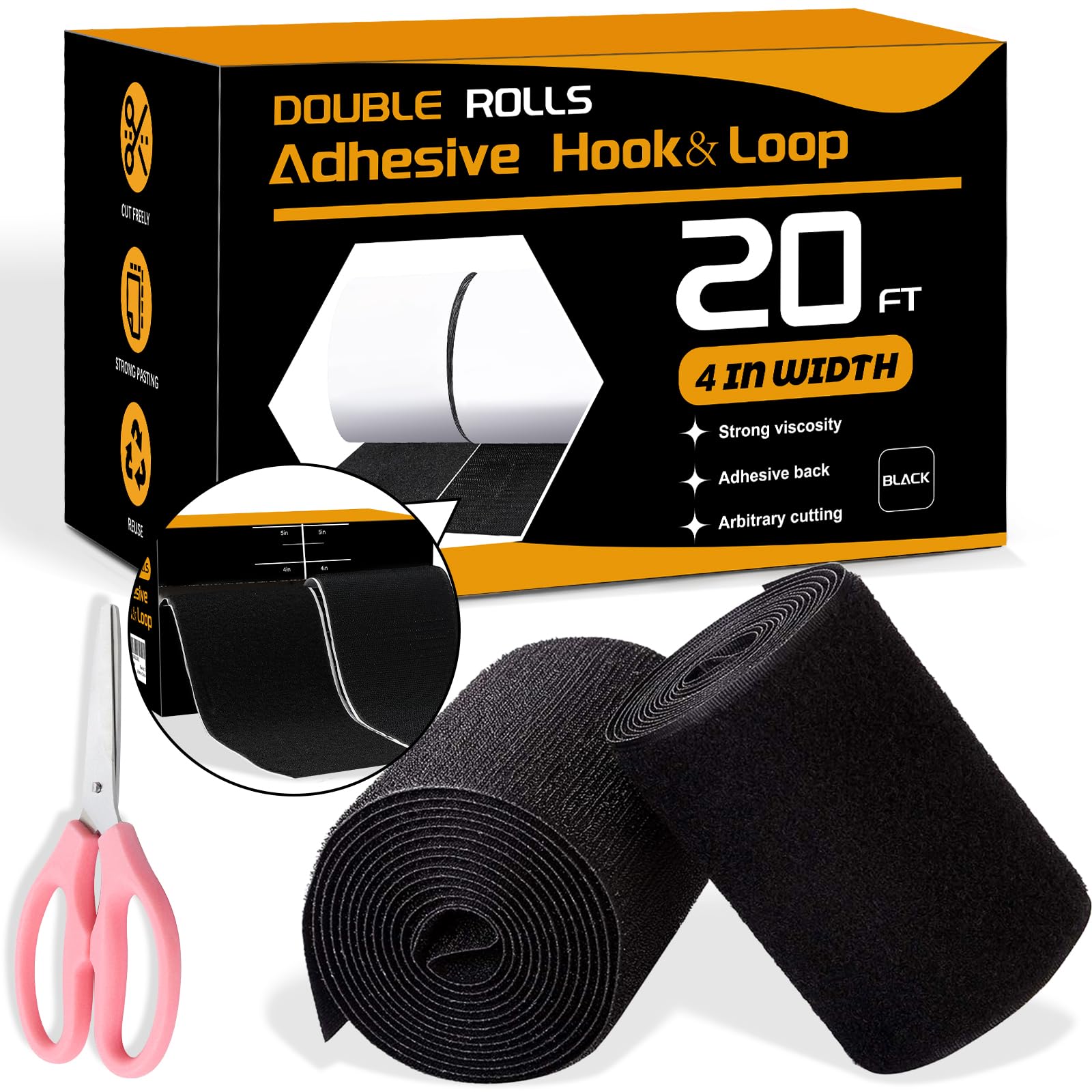 MuseLuxe Hook and Loop Tape Strong Viscosity Adhesive Back Arbitrary Cutting Sticky for Fabrics Nylon Self Adhesive Tape for Home Office and Crafting 2 Rolls and A Scissors(100 mm x 6m, Black)
