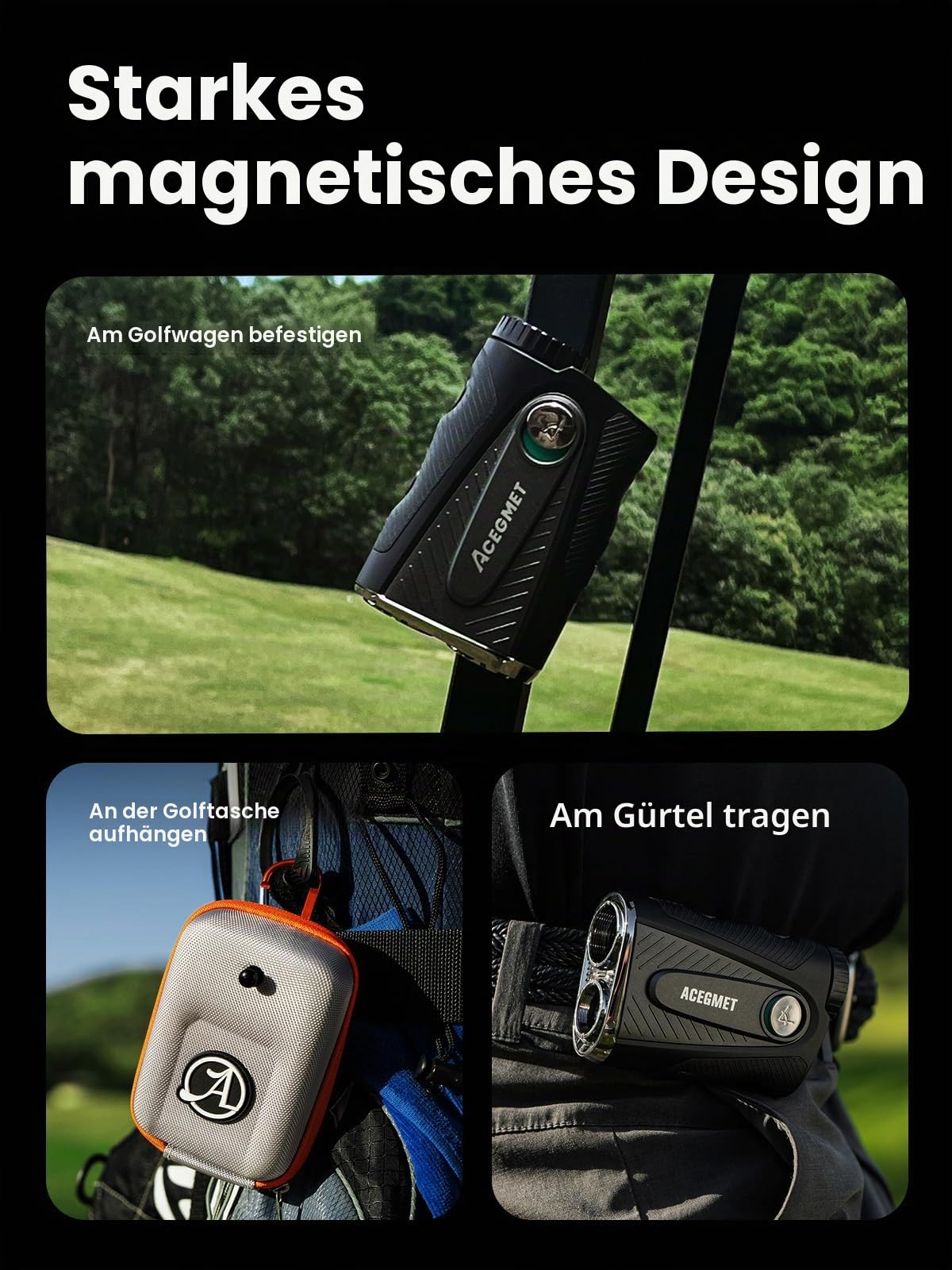 ACEGMET Golf-Entfernungsmesser mit Ball-to-Pin&Neigungsfunktion–1300 yd Laserdistanzmesser, Hybrid-Akkuaufladbar, 0,1s Flaggenverriegelung Vibration,7x Vergrößerung,Rot-Schwarz-Display, Magnetfunktion