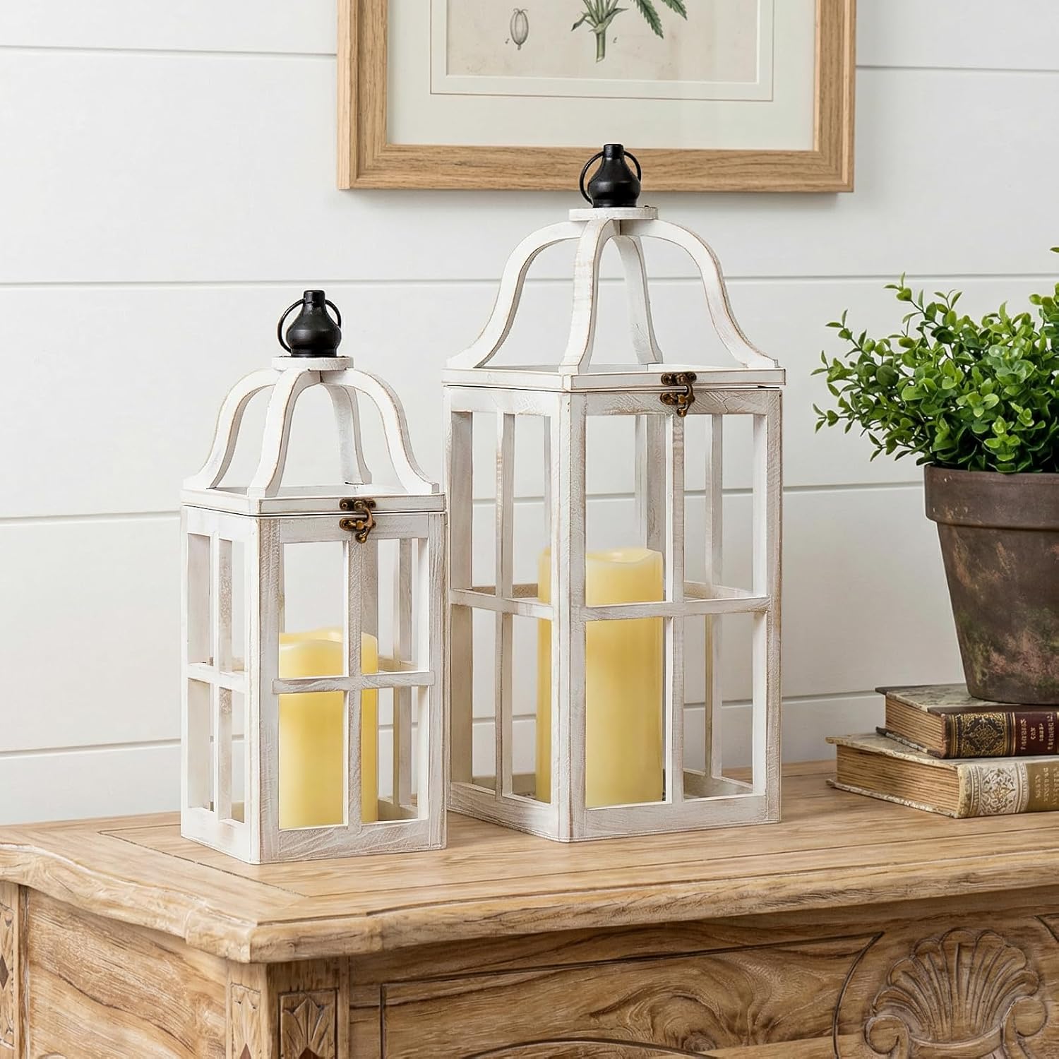 large farmhouse wooden decorative lantern set of 2, modern farmhouse distressed whitewash wood hanging lanterns for indoor outdoor home decor (no glass)