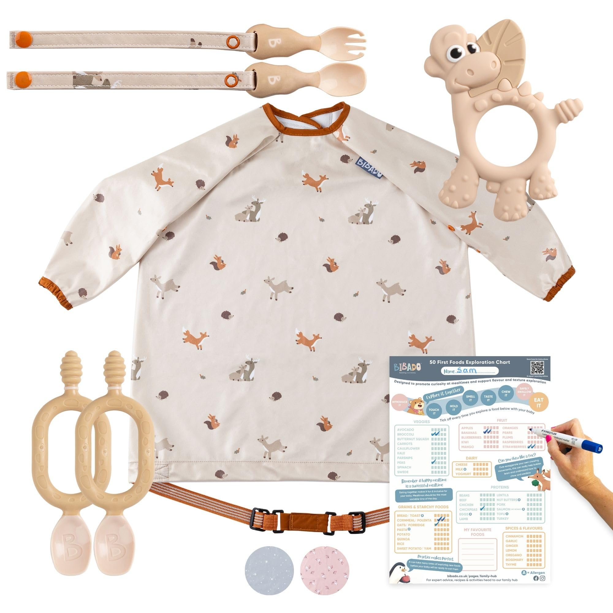 BIBaDO Starter Baby Feeding Set - Includes Feeding Bibs, Weaning Spoons, Baby Cutlery, Teether & Weaning Poster, BPA-Free, Perfect for Weaning and First Foods - Fawn