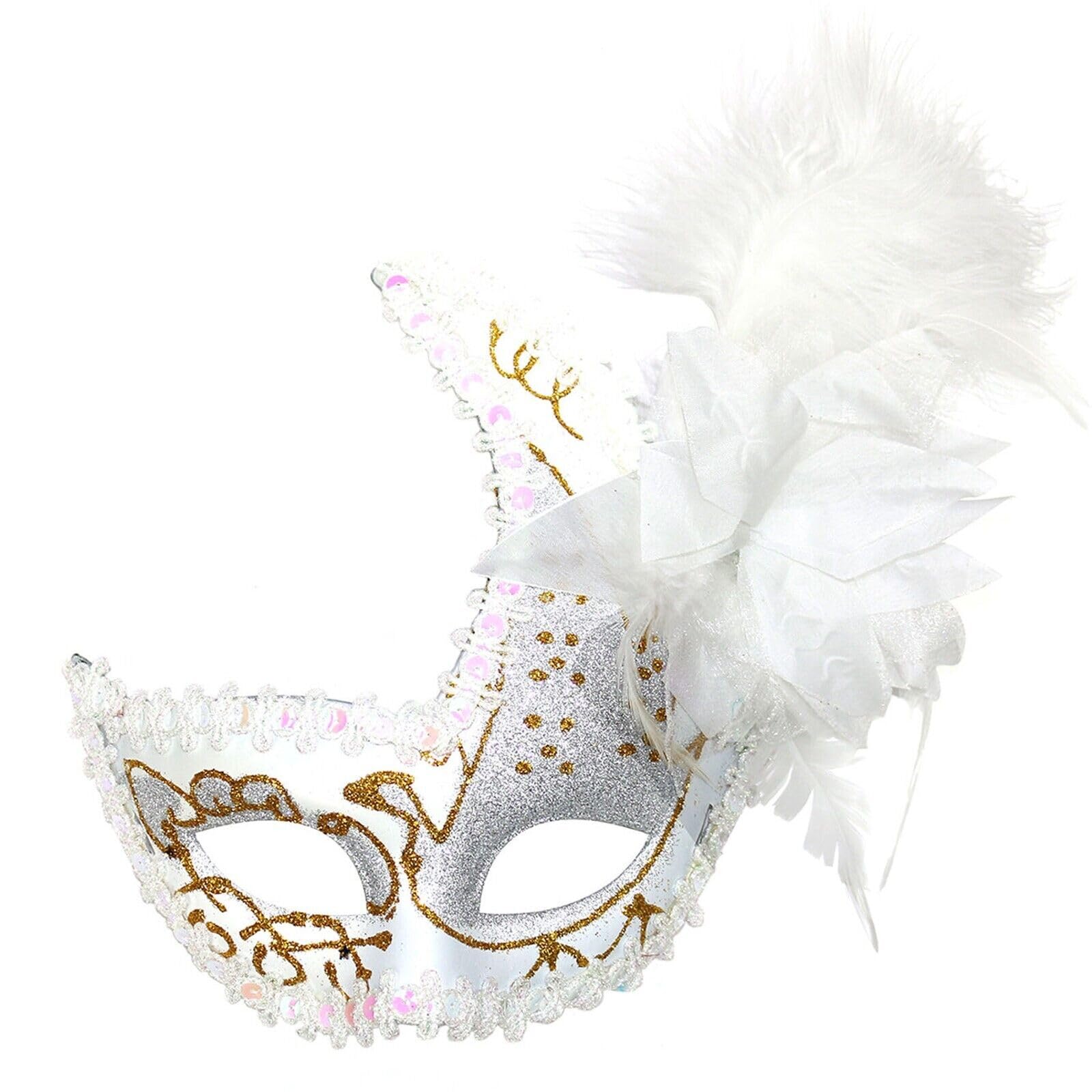 The Tie Co™ Deluxe Masquerade Mask – Feathered Venetian-Style Fancy Dress Mask for Halloween, Prom, Carnival, Party & Ball - White Feathered