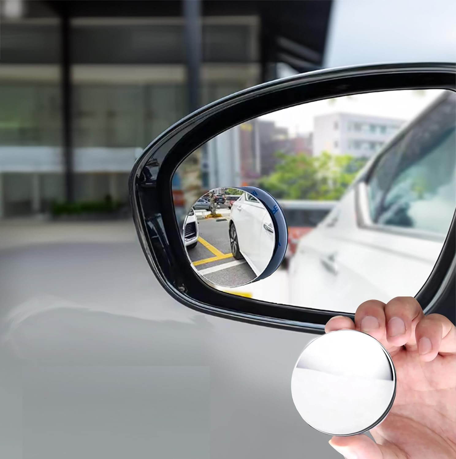 2 Pieces Blind Spot Mirrors, 2-inch round HD Glass Convex for Cars, SUVs, and trucks. Reusable, 360° wide-angle view with adhesive backing. Black, fits rearview mirrors, enhancing visibility.