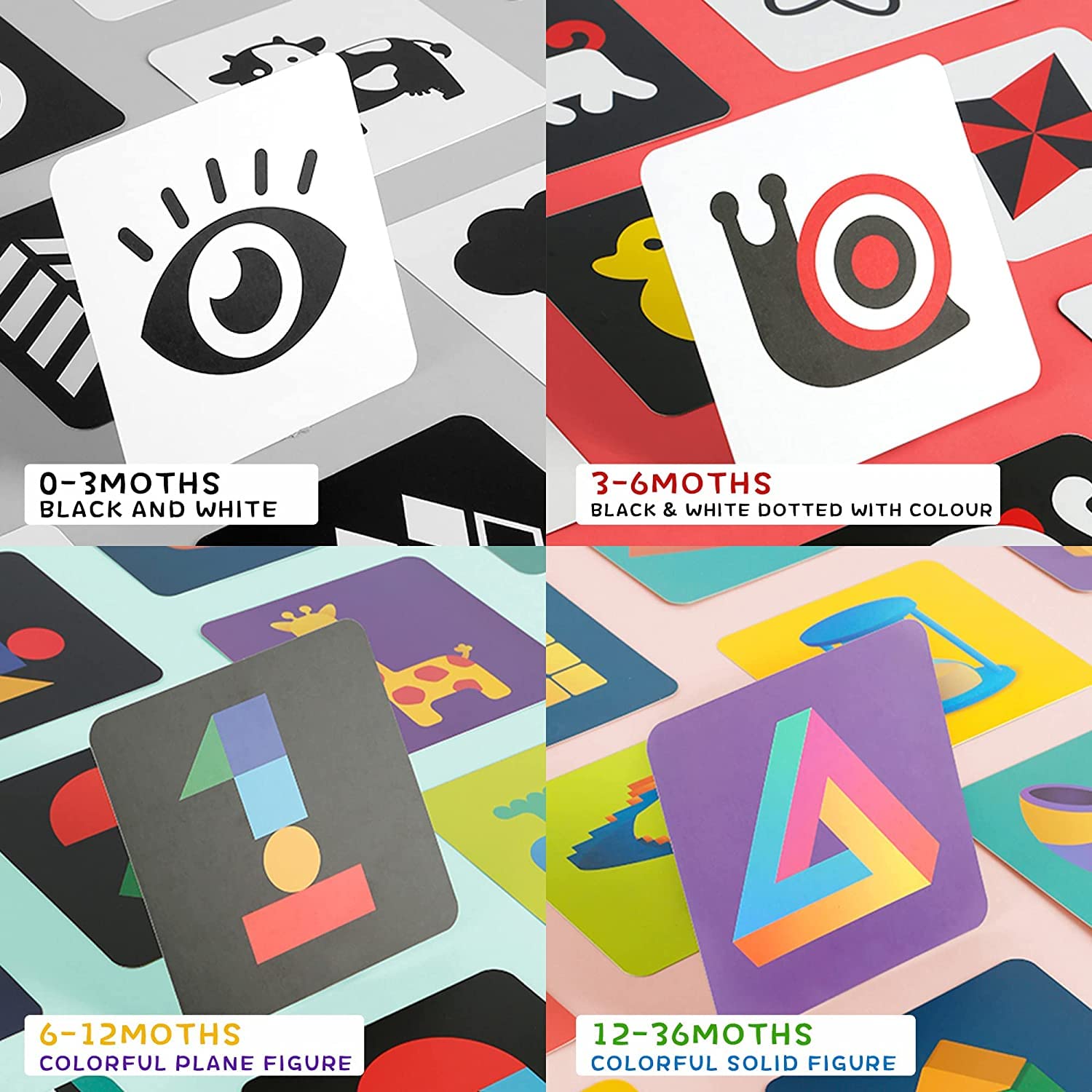 Richgv Bianco e Nero Carta Flash per Neonato Sviluppo Sensoriale Visivo. Alto Contrasto Educativi Carte Giochi Montessori (Cognizione di Colore, Forma, Numeri).0 3 6 12 36 Mesi. 4 Set 160 Pagine