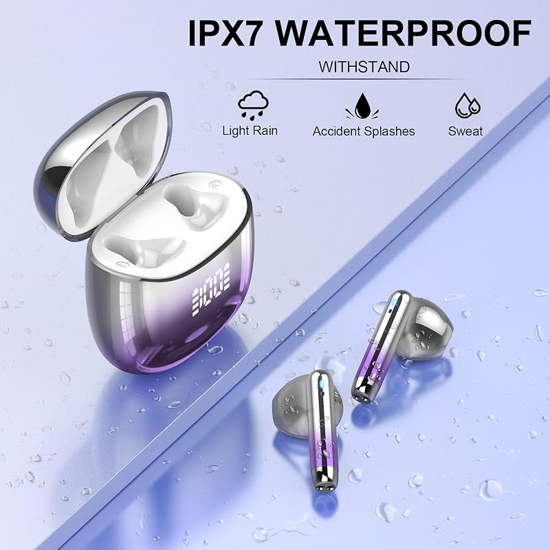 Wireless Earbuds, Bluetooth Headphones 48H Playtime Ear Buds with LED Power Display, IPX7 Waterproof Bluetooth 5.4 Earphones in-Ear Earbuds with 4 Mic for Android iOS Cell Phone Laptop, Purple image 6