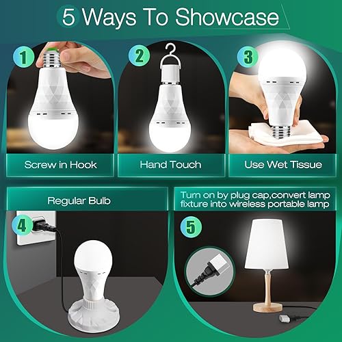 Miniatura 5 de Bombilla de Luz Recargable de Emergencia con Gancho, Se Mantiene Encendida Cuando Falla la Energía, 1500mAh 12W Equivalente a 60W Bombillas LED para
