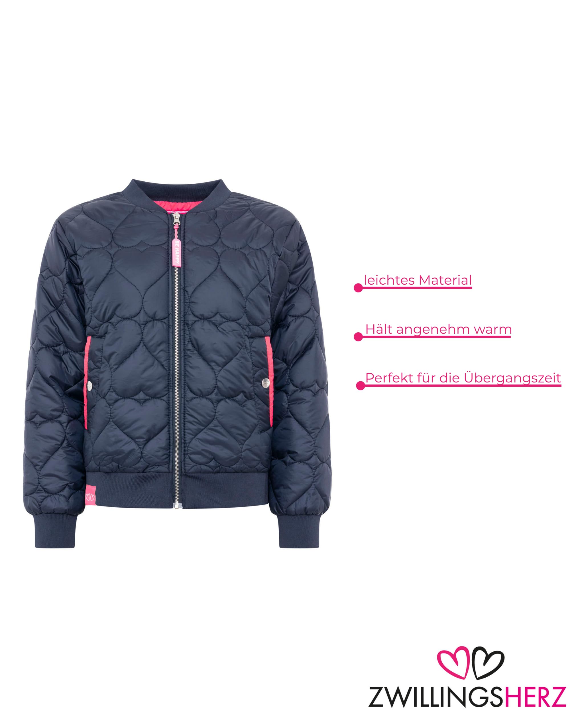 Zwillingsherz Damen Steppjacke mit Herzmuster – Leichte Bomberjacke – Kurze Übergangsjacke für Frühling & Herbst – Komfortable Outdoorjacke mit Reißverschluss – Stylische Jacke für Alltag & Freizeit