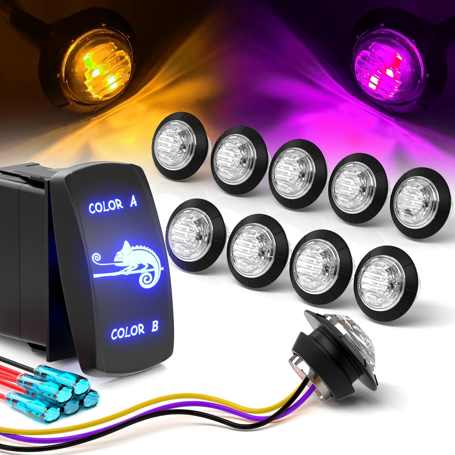 10pcs 3/4 Inch Round Dual Color LED Marker Lights Amber Purple 12V Flush Mount with 7-Pin Rocker Switch Mini Clearance Lights for Trailer Truck Car Bus Van Caravan Boat RV