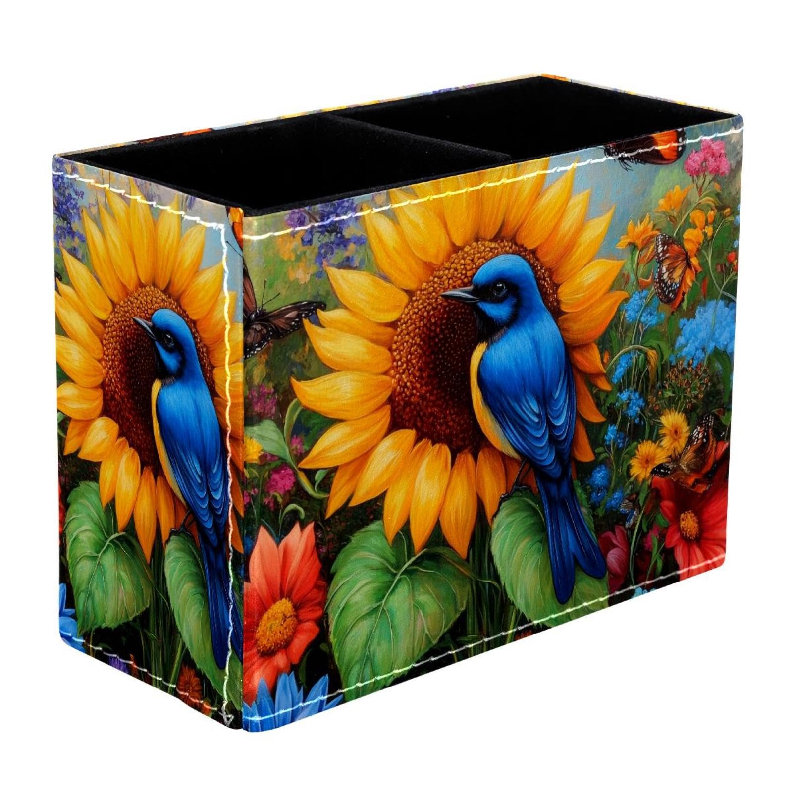 FWJZDSP Pencil Holder for Desk, Sunflower Bird Pen Holder Storage Desktop Pen Organizer Desk Pencil Organizer Makeup Brush Holder for Office School College