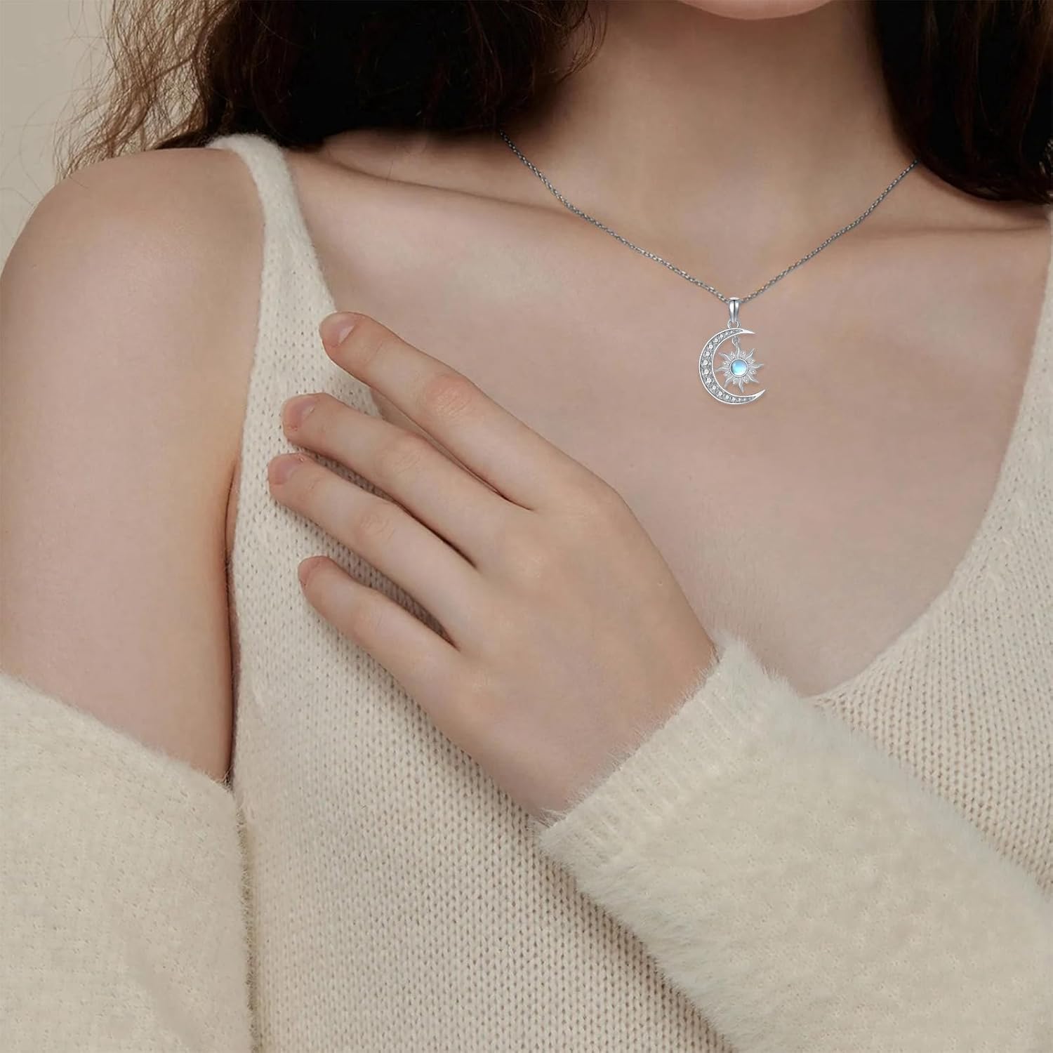 Moonstone Necklace Sterling Silver for Women, Crescent Moon and Sun/Saturn Pendant Celestial Jewelry Christmas Birthday Gifts - Image 3