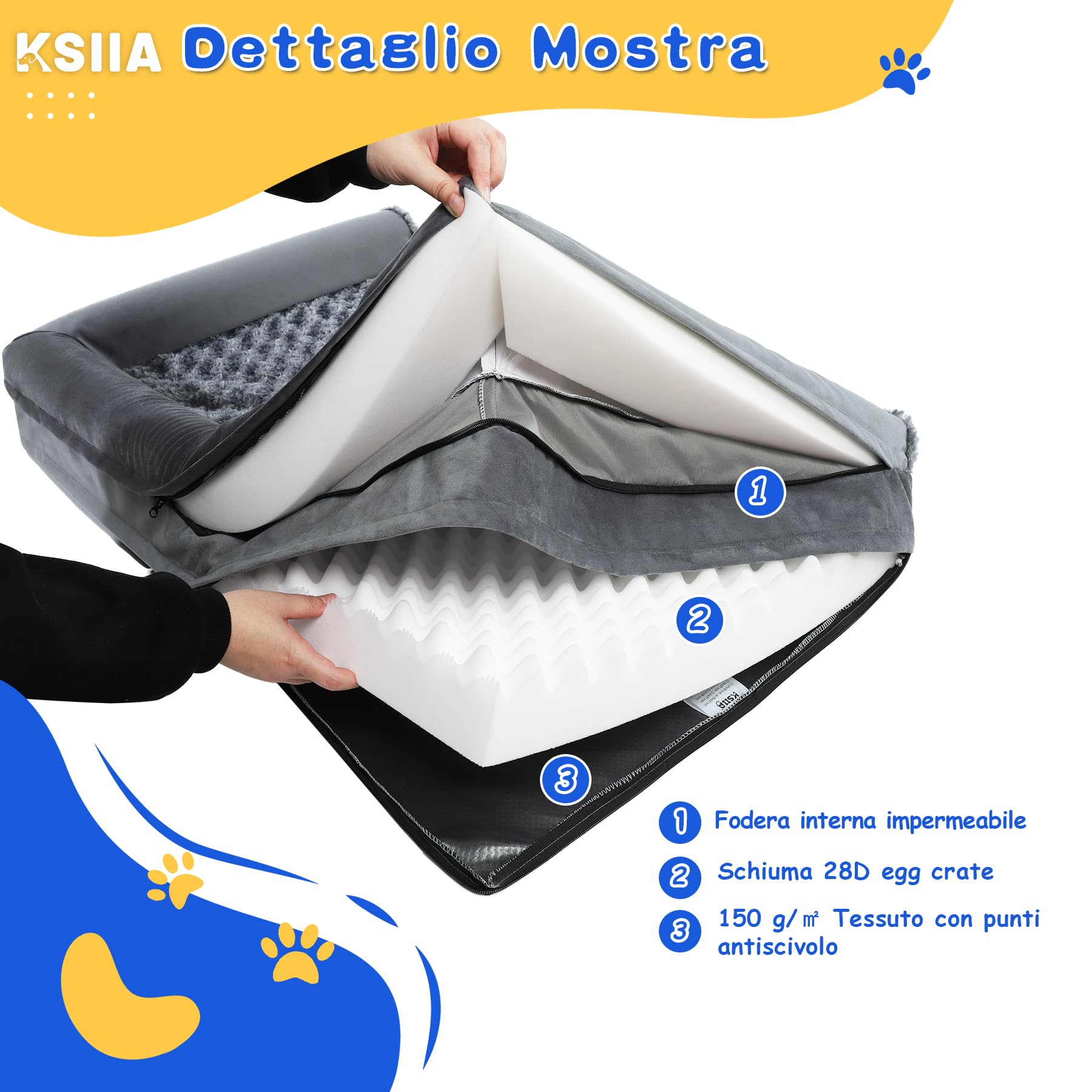 KSIIA Cuccia per Cane Interno Taglia Grande, Divano Sfoderabile e Lavabile (91x68x16cm), L-Plus Grigio