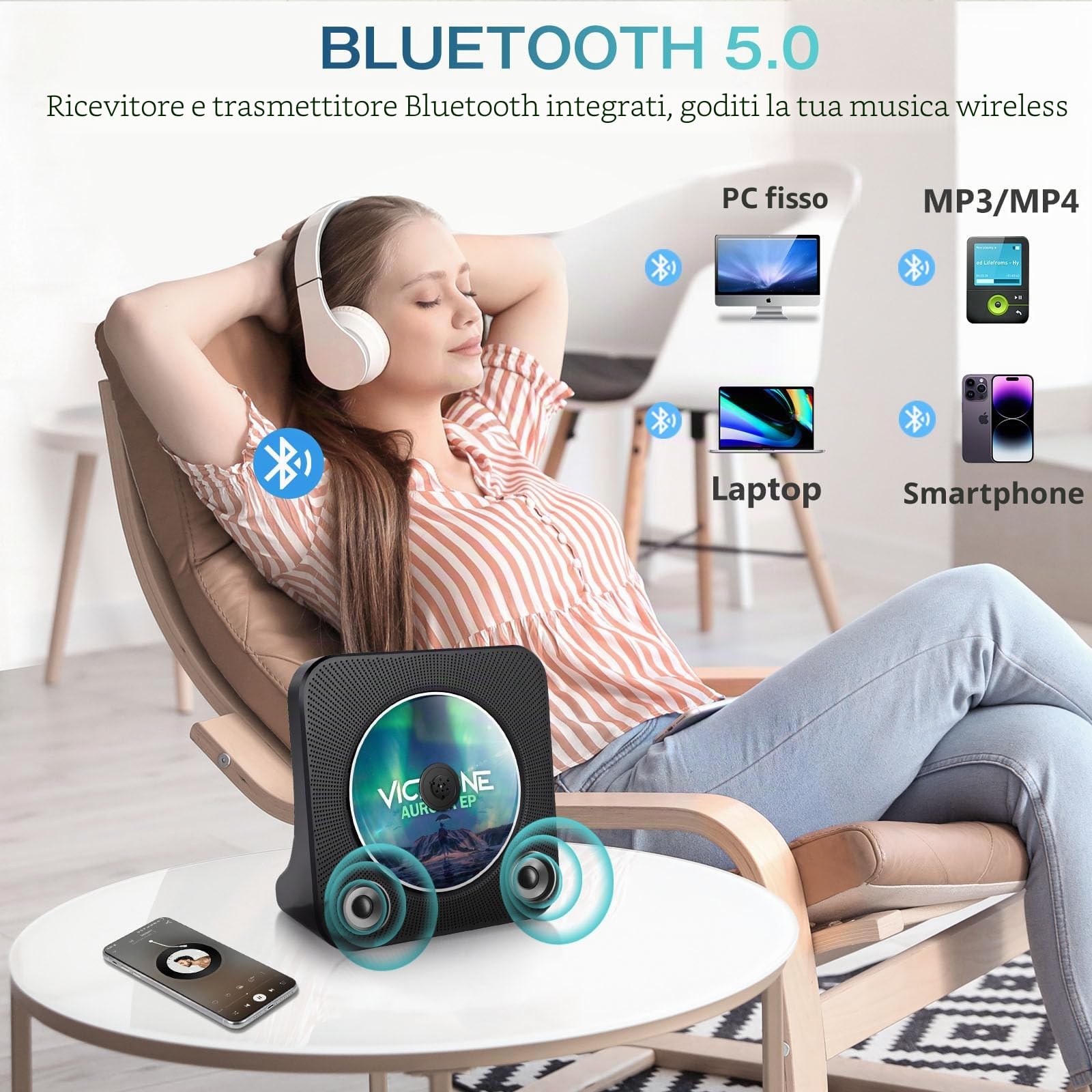 Lettore CD Bluetooth portatile con altoparlante stereo, radio FM, AUX/USB, cuffie