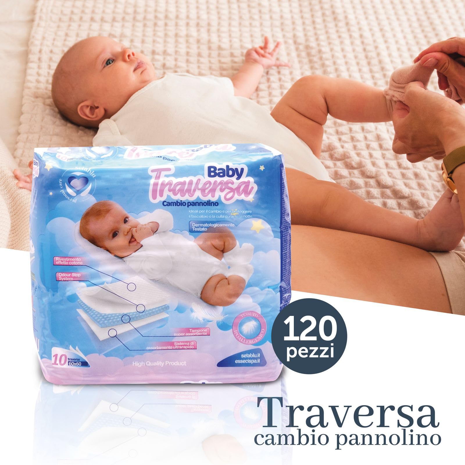 DETERMONDO 50 Traversine Assorbenti 60x60 cm per Bambini Usa e Getta per Letto e Fasciatoio Assorbenza Elevata a 5 Strati in Cellulosa