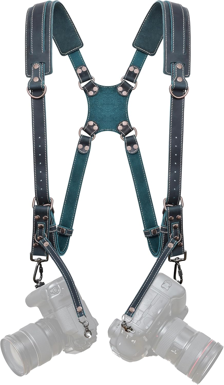 Padwa Lifestyle Green Dual Camera Harness Strap for Two Cameras - Dual Shoulder Full Grain Leather Harness,Multi Double Camera Gear with Thick Padded,Double Camera Harness for Photographers