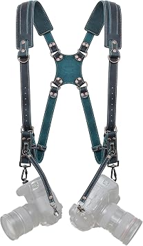 Padwa Lifestyle Dark Green Dual Camera Harness Strap for Two Cameras - Double Shoulder Full Grain Leather Harness,Multi Double Camera Gear with Thick Padded,Double Camera Harness for Photographers
