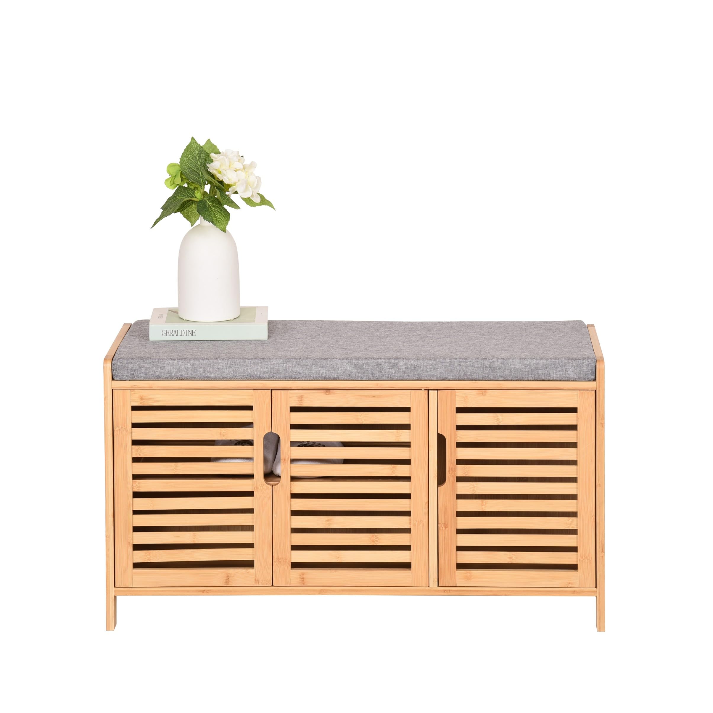 Scarpiera in bambù con panca da seduta, scarpiera con 3 scomparti, cuscino, mobiletto per scarpe, per ingresso, corridoio, 50 x 90 x 35 cm (Grigio)
