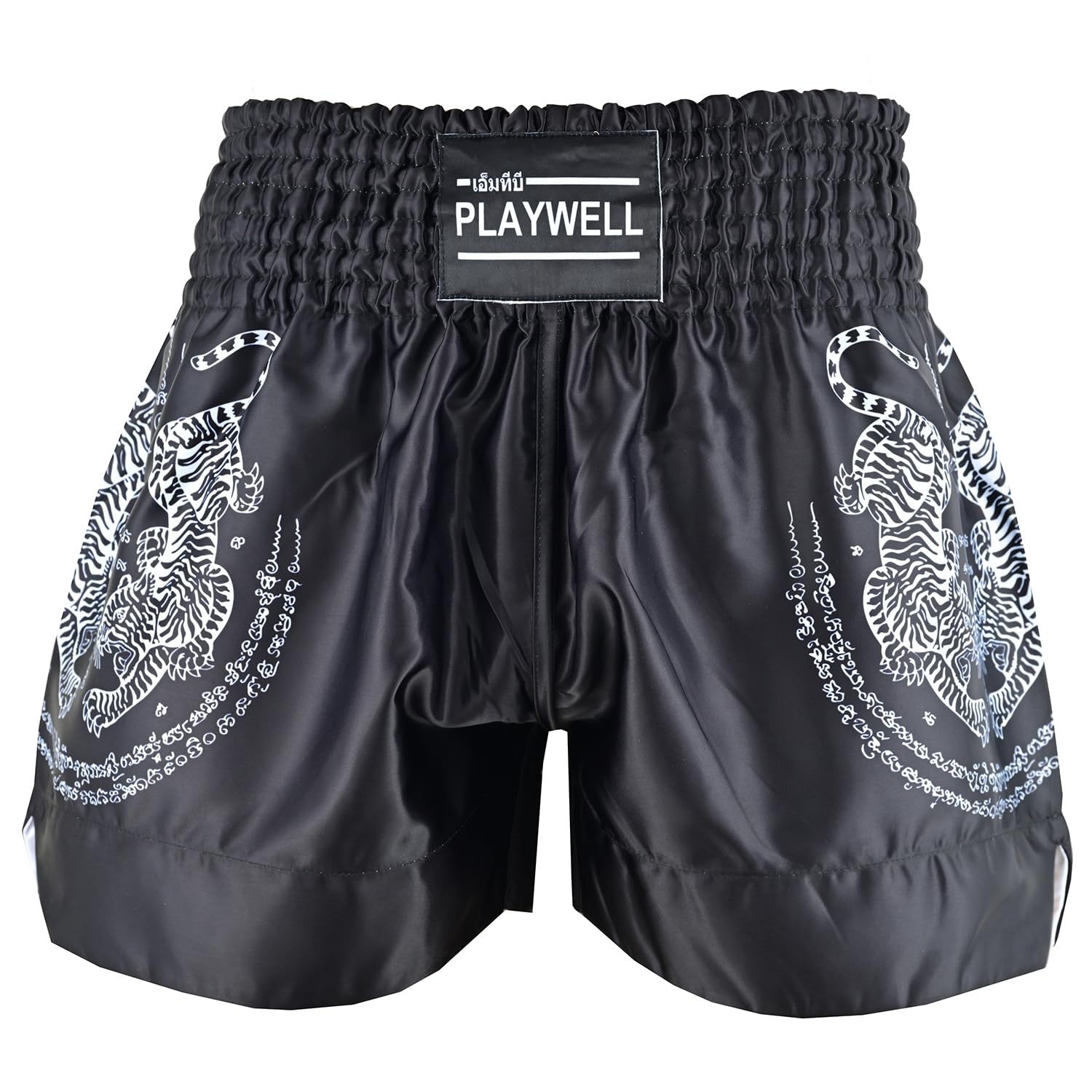 Playwell Muay Thai Twin Tiger Satin Sak Yant Competition Fight szorty - czarny/biały