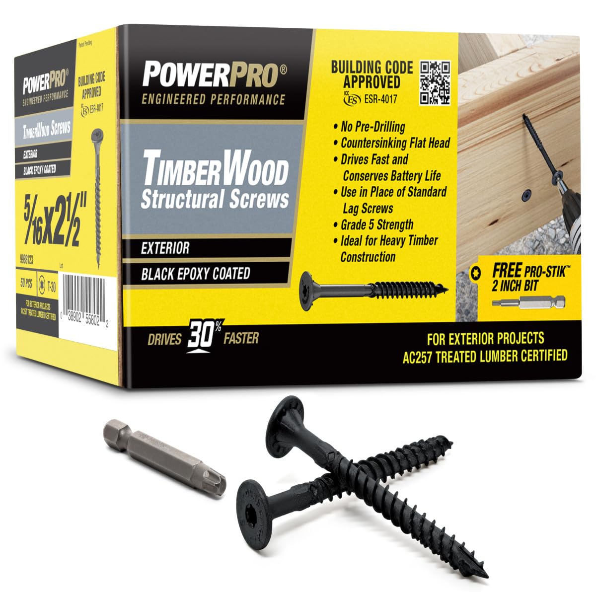 Power Pro 50 viti strutturali per legno placcato nero (5/16" x 2-1/2") | Viti per legno a testa piatta svasata | Elementi di fissaggio esterni multistrato rivestiti in resina epossidica