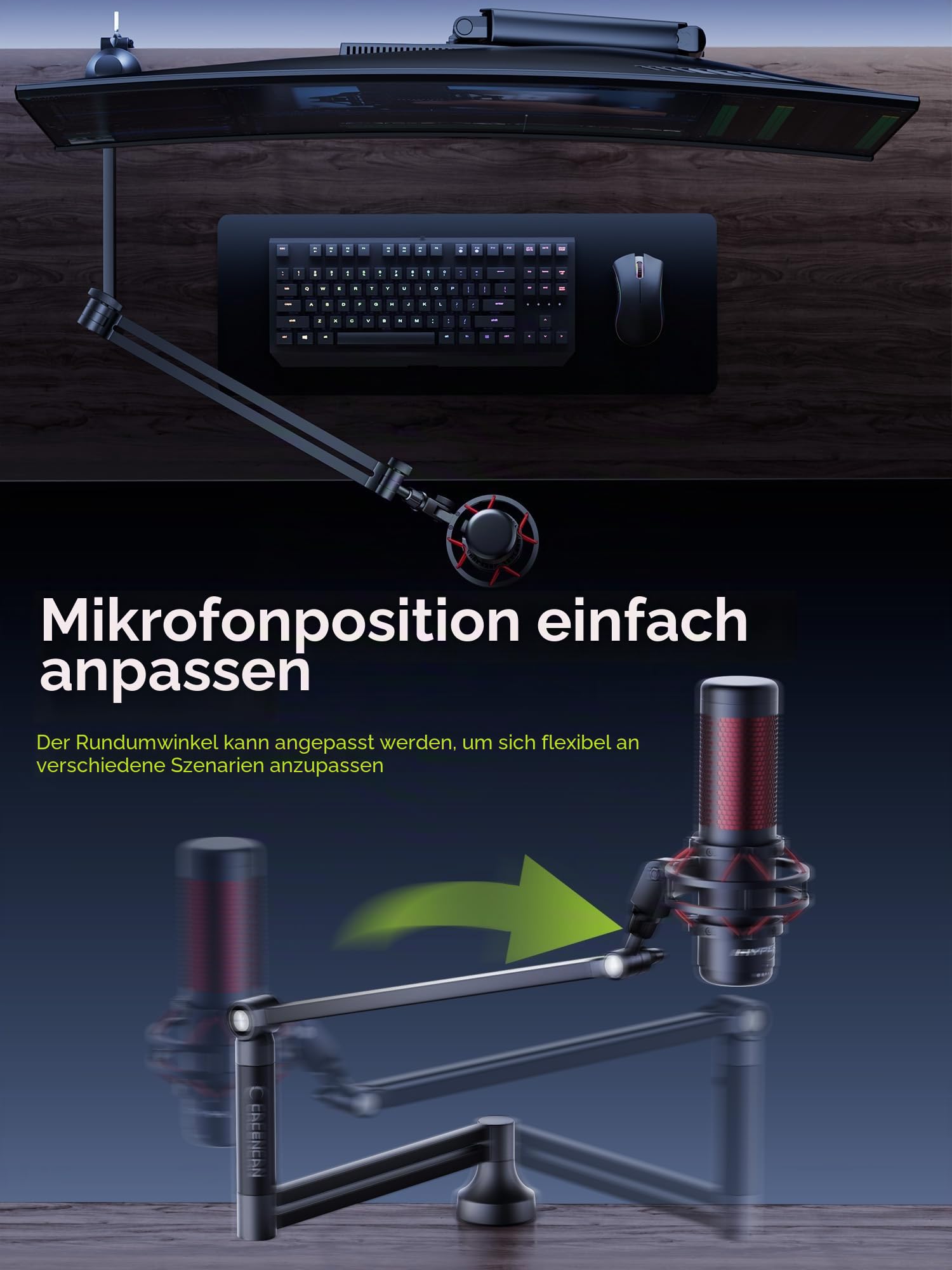M05 Pro Galgenarm, 360° drehbarer Mikrofonständer mit Tischhalterung, faltbarer Schreibtisch-Mikrofonarm mit 3/8 Zoll auf 5/8 Zoll Schraubadapter, Mikrofonarm für Live-Streaming, Gaming (Schwarz)