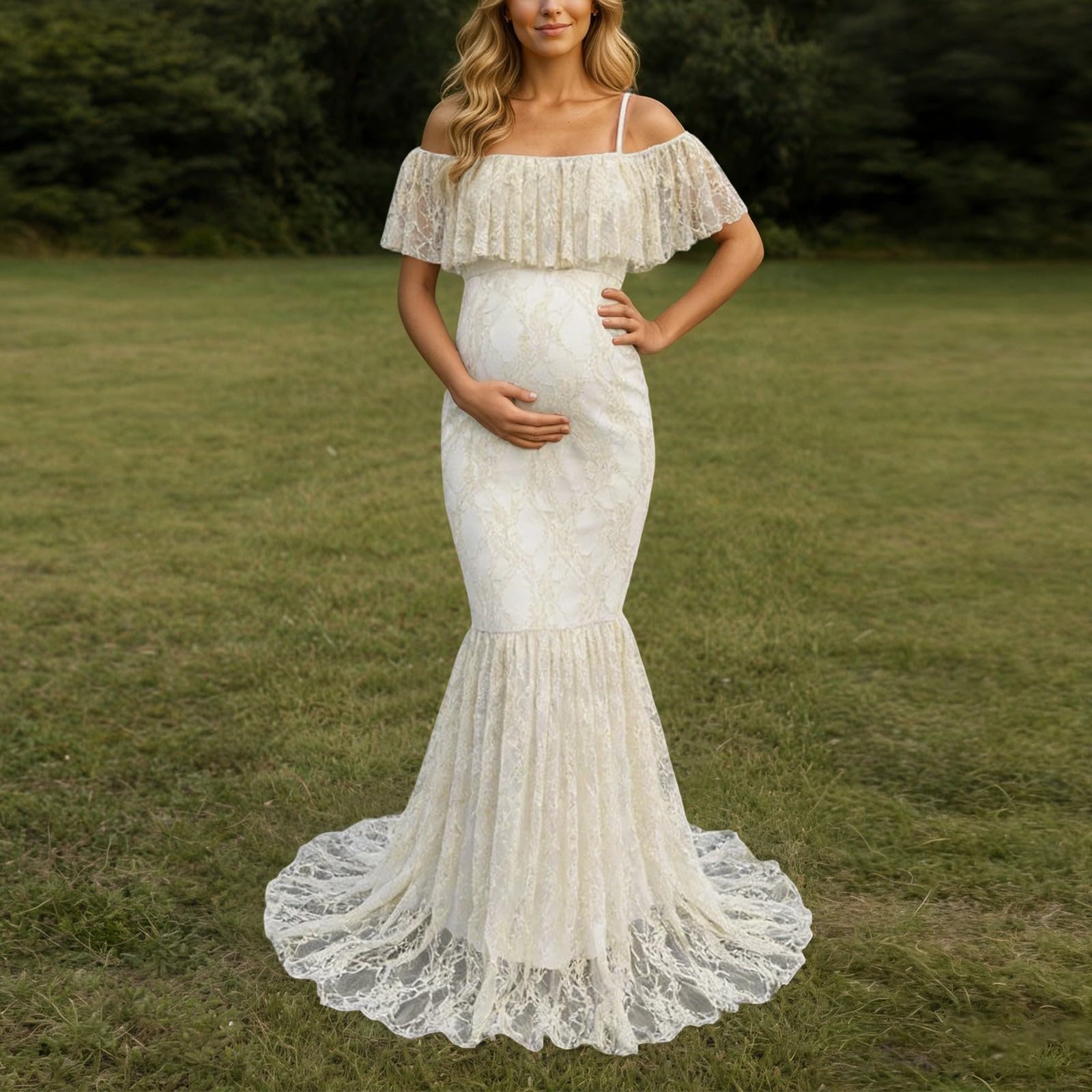Abito premaman da donna con spalline sottili, abito premaman con volant in pizzo floreale, abito estivo per fotografia, abito da matrimonio, abito elegante in tinta unita da donna per baby shower