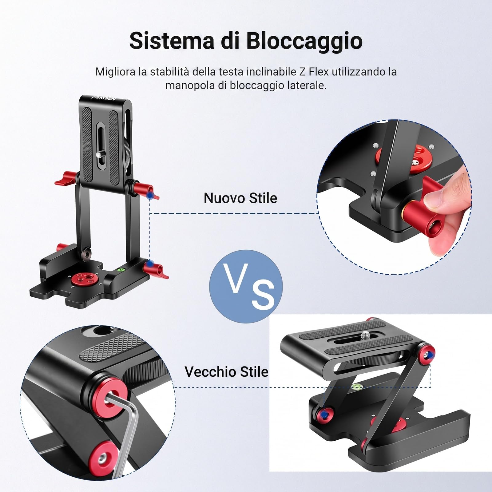 Neewer Z-Flex Testina Inclinata Tipo Z Testa di Treppiede con 4 Pulsanti Regolare/Fissare, Sgancio Rapido Piastra e Livella a Bolla per Treppiede/DSLR Videocamere/Lega di Alluminio Slider/Carico 3kg