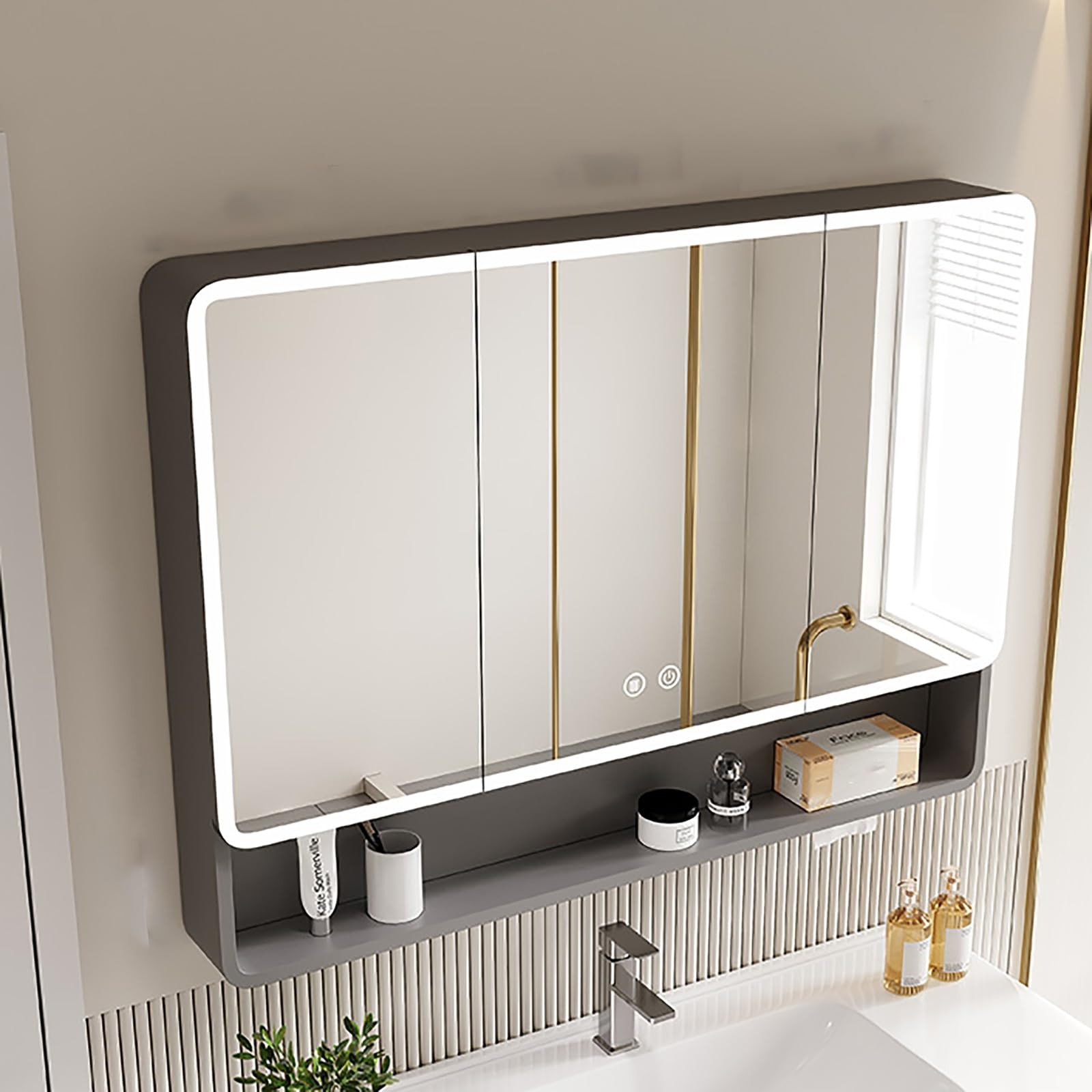 FGXHHS Modern Lighted Cabinet with Anti-Fog Storage Rack, 39.3in Grey Wall-Mounted Vanity nizer for Efficient Space Management.