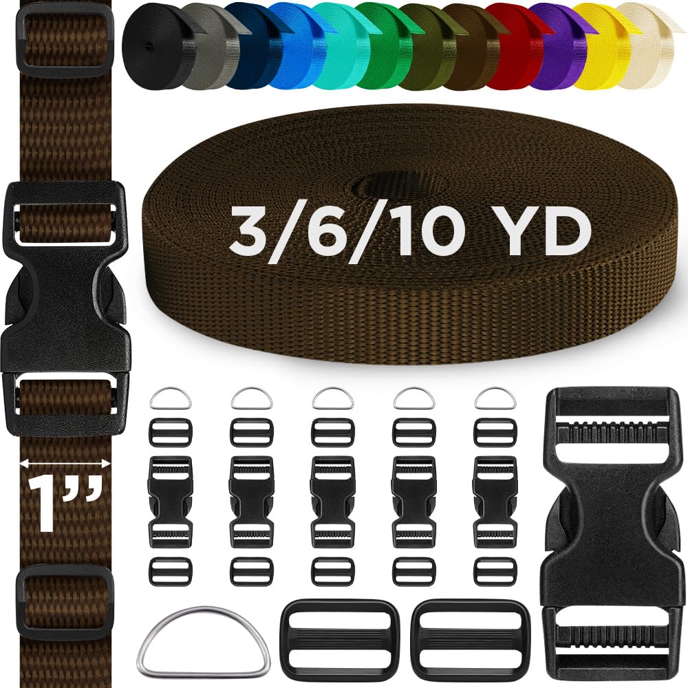 TECEUM Buckles & Strap Kit – 1" Brown Nylon Webbing 6 (yd) – 6 Heavy Duty Adjustable Plastic Buckles – 12 Tri-Glide Slide Clips – 6 Metal D-Ring –