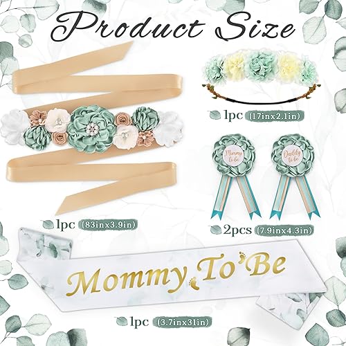 Miniatura 3 de Kit de 5 bandas de maternidad verde salvia para mamá para ser papá para ser papá para ser ramillete, corona de flores, cinturón de vientre para