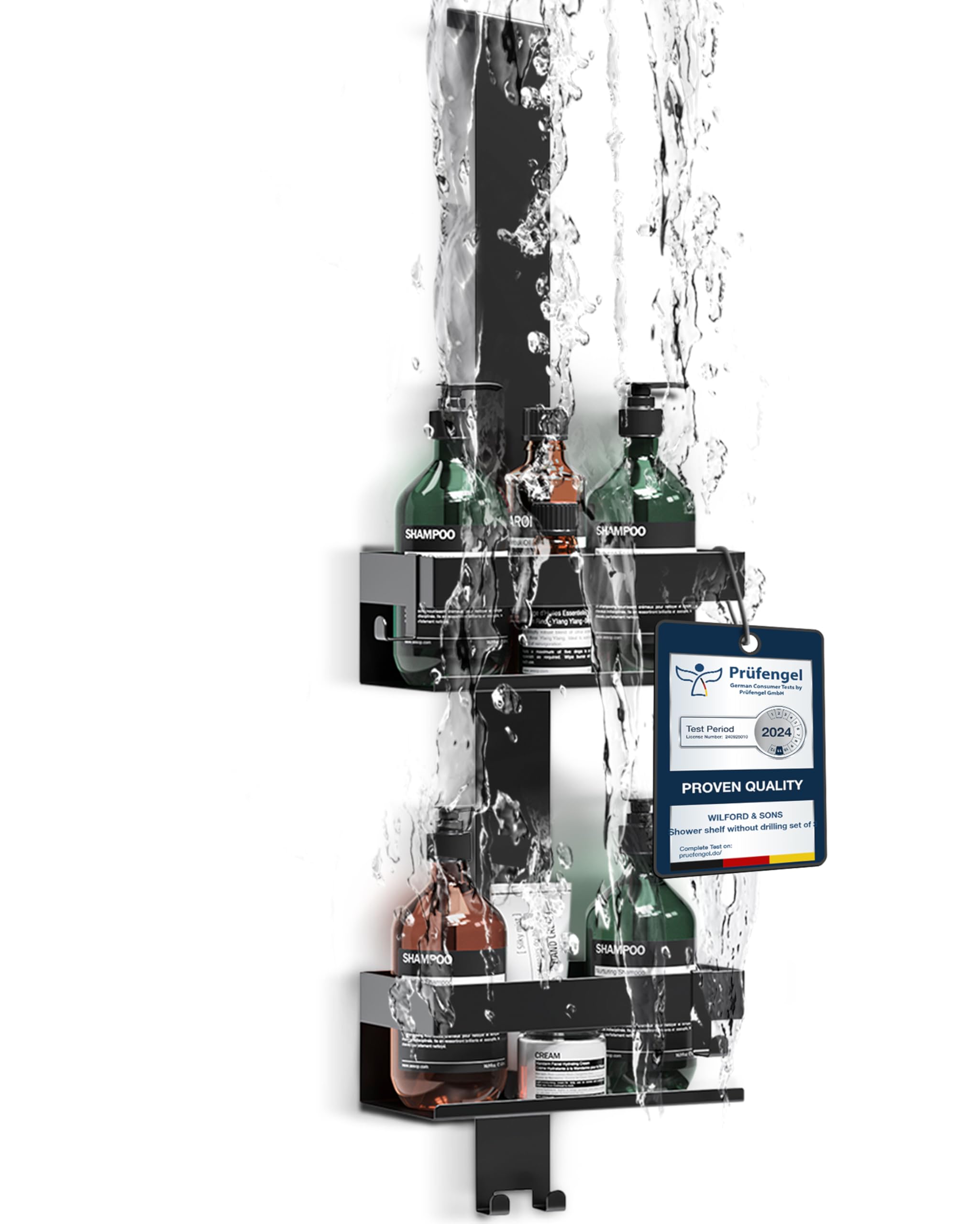 Étagère de douche à suspendre W&S en acier inoxydable noir sans perçage