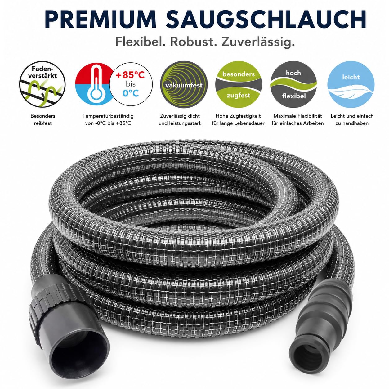 Premium Gewebeschlauch 4m für Industriesauger - Universeller 58mm Anschluss - Knickfest & robust