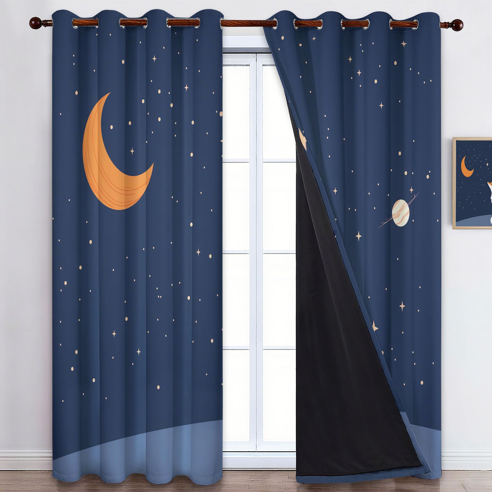 Blackout Vorhänge H166 x B150 cm Verdunkelung Vorhang mit Ösen, Cartoon Tier Fuchs Sterne Vorhang Dunkelblau Weich Polyester Vorhänge für Wohnzimmer Schlafzimmer und Kinderzimmer Dekorieren