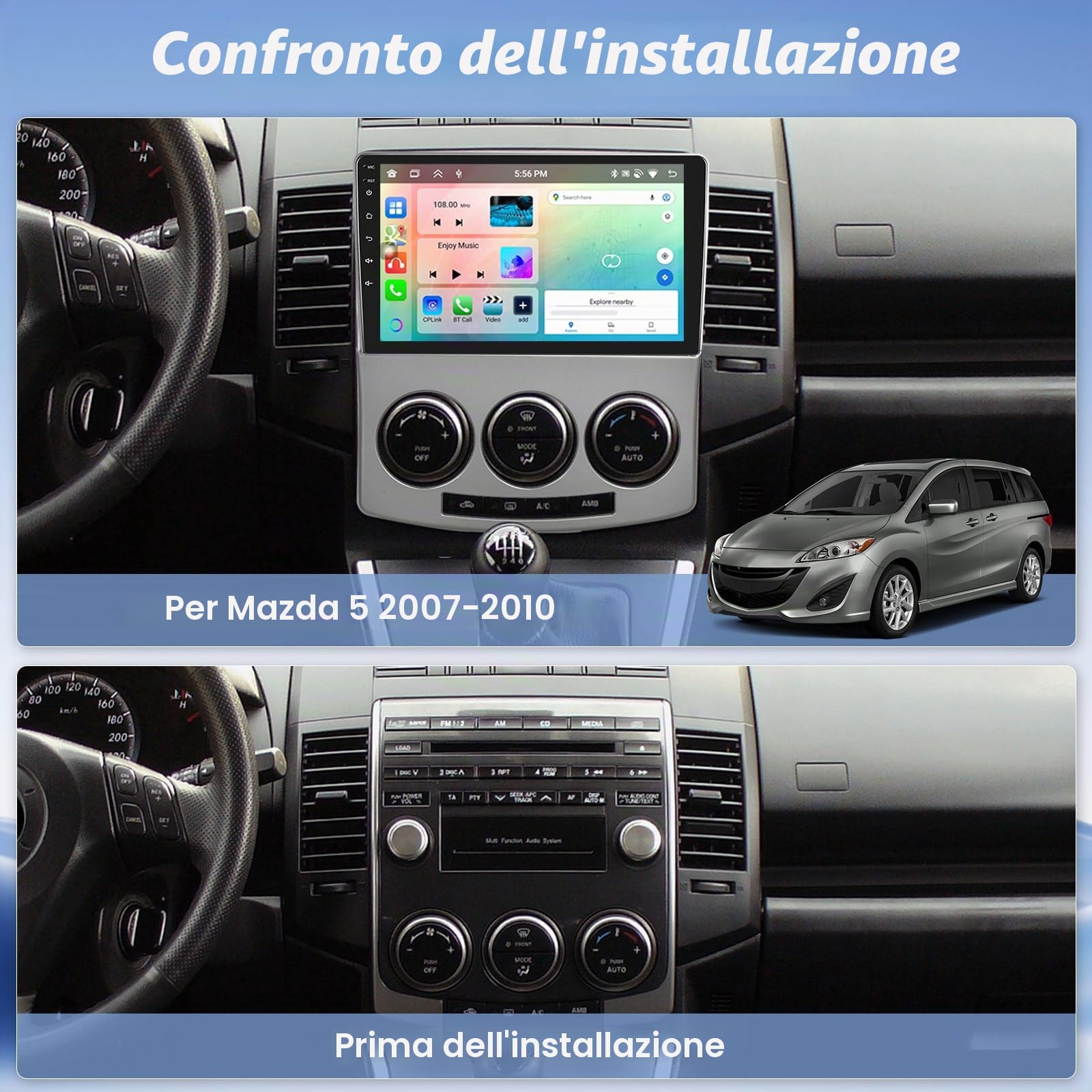 Roinvou DAB/DAB+ 4G+64GB Radio per Mazda 5 2007-2010 Android 15 Soporta Wireless CarPlay Android Auto, 9 Pollici Schermo per Auto con Bluetooth WIFI GPS HIFI FM/RDS SWC AHD Telecamera